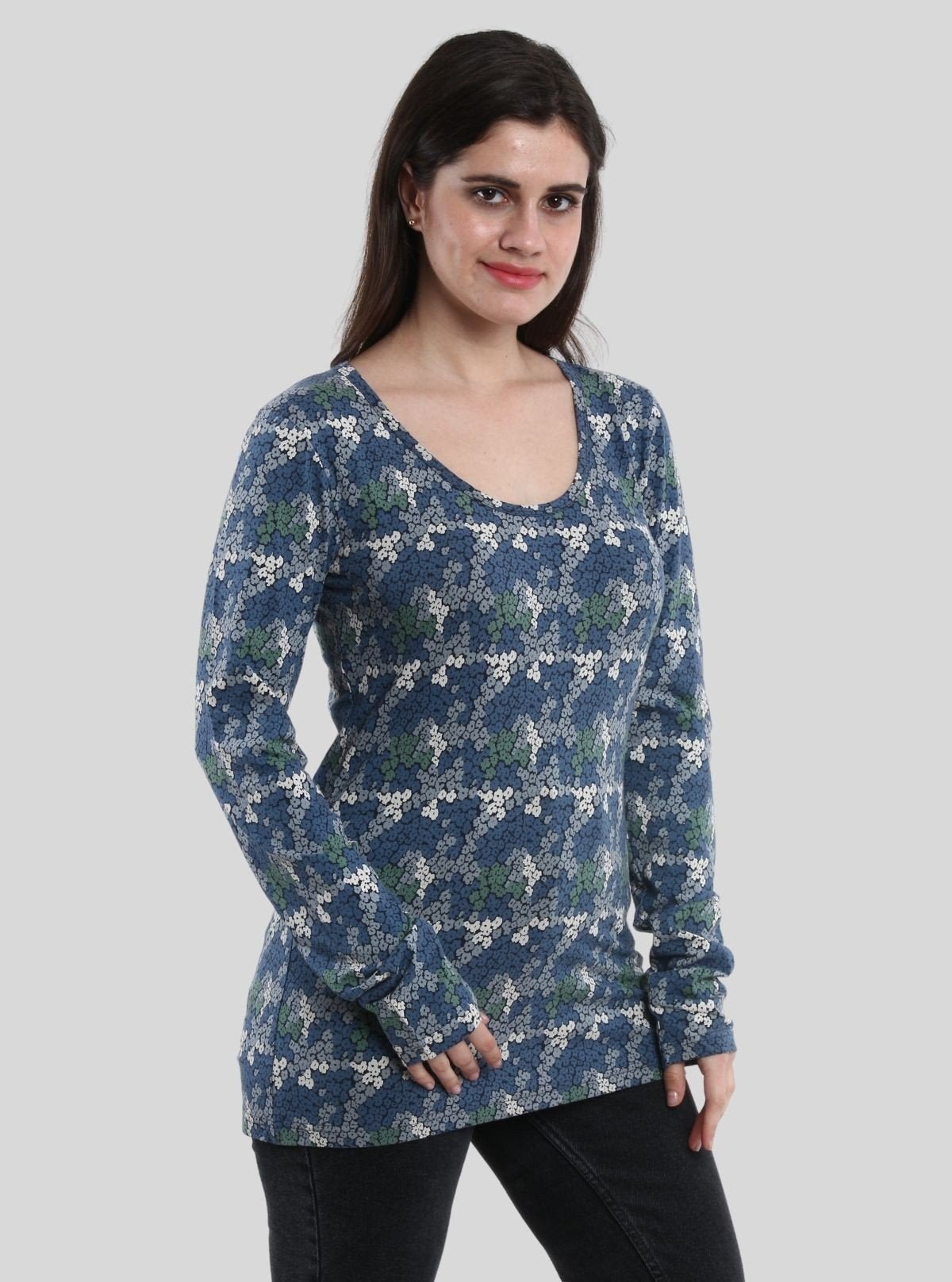 Women's Blue Multi - Color Floral Print Long Sleeve Cotton Jersey Top - Boer and Fitch