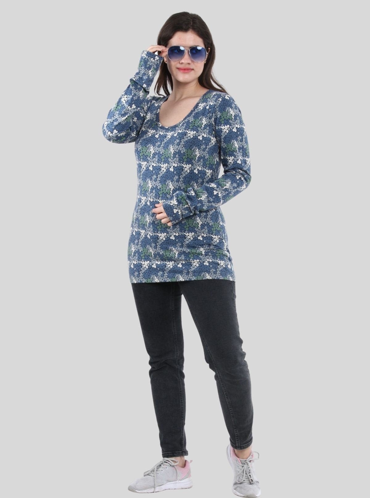 Women's Blue Multi - Color Floral Print Long Sleeve Cotton Jersey Top - Boer and Fitch
