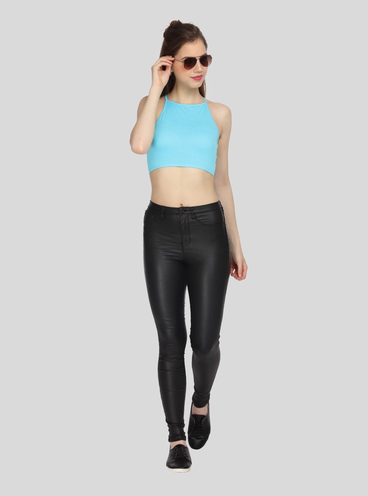 Women's Blue Racer Neck Cotton Jersey Crop Top – Sleek & Sporty Fit - Boer and Fitch