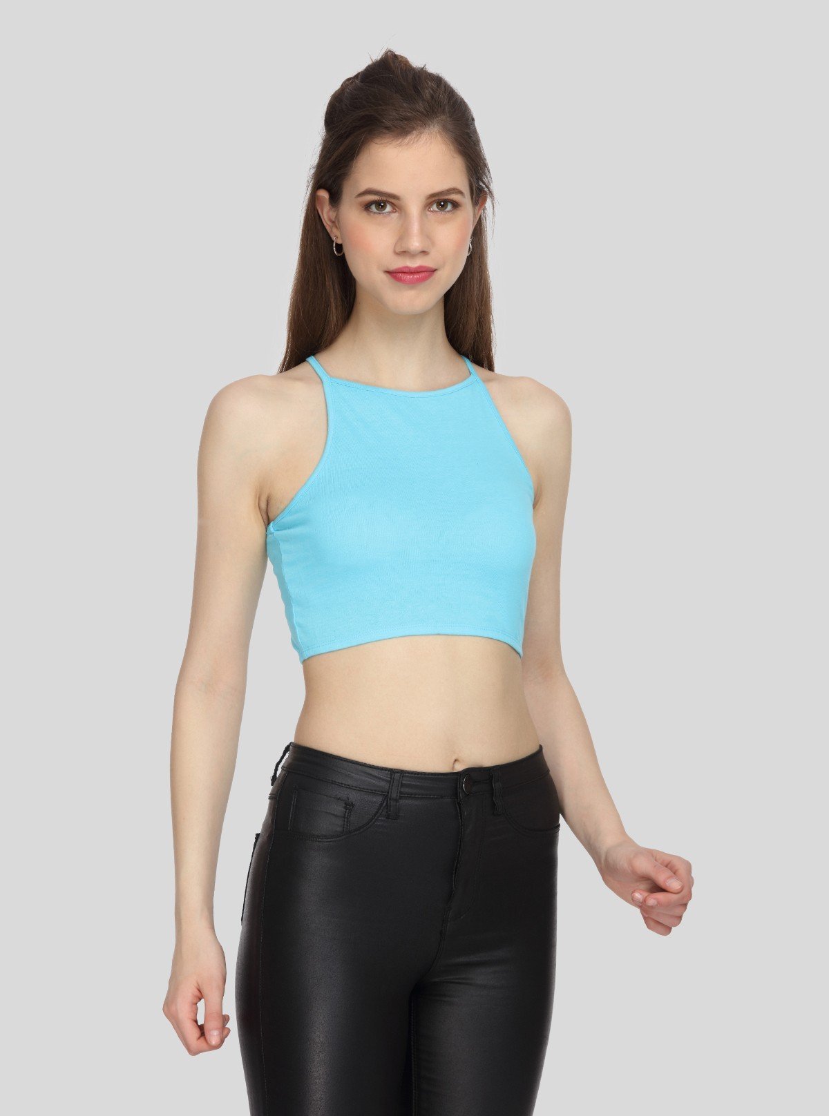 Women's Blue Racer Neck Cotton Jersey Crop Top – Sleek & Sporty Fit - Boer and Fitch