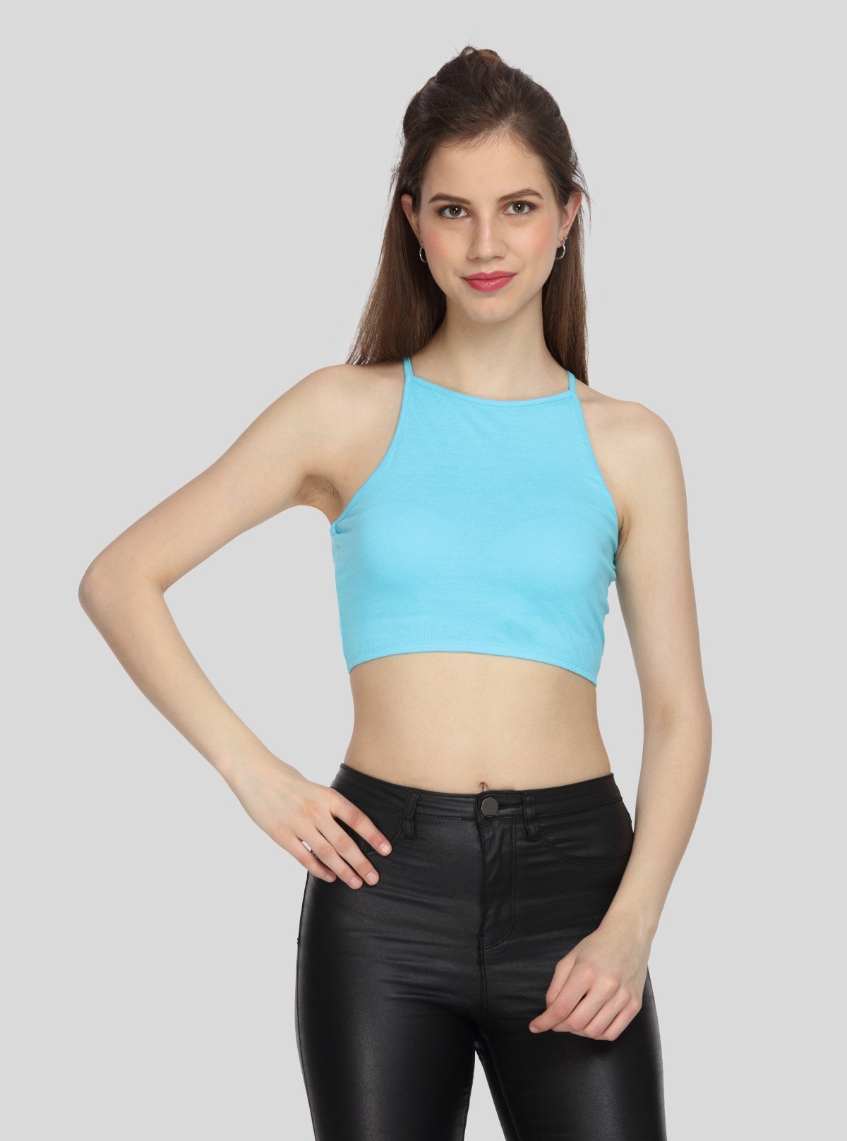 Women's Blue Racer Neck Cotton Jersey Crop Top – Sleek & Sporty Fit - Boer and Fitch