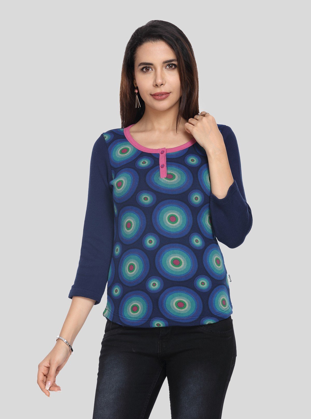 Women’s Blue Strick Pullover with 3/4th Sleeves – Cotton Poly Blend - Boer and Fitch