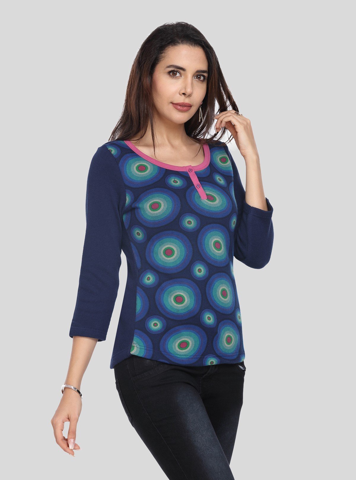 Women’s Blue Strick Pullover with 3/4th Sleeves – Cotton Poly Blend - Boer and Fitch