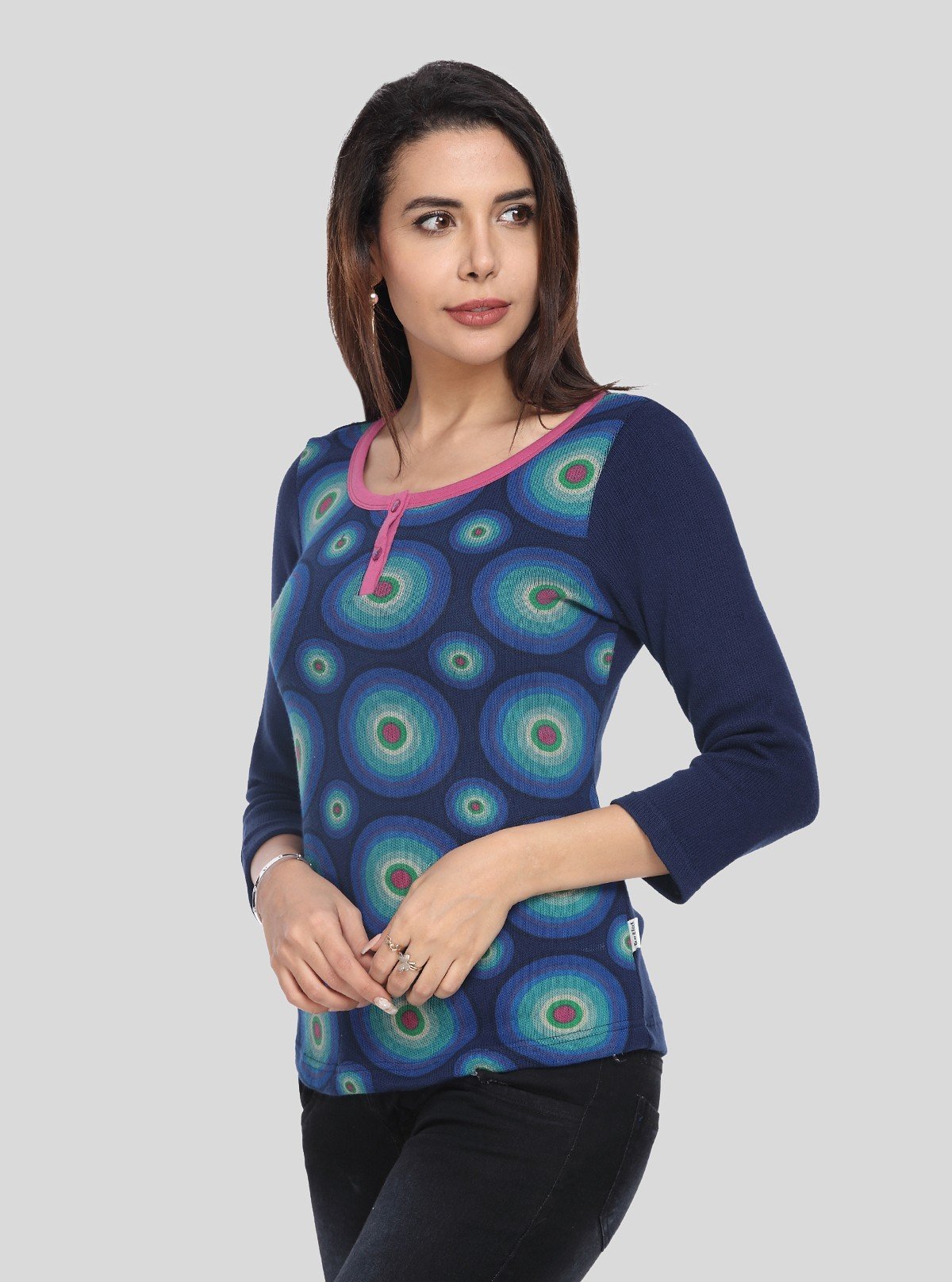 Women’s Blue Strick Pullover with 3/4th Sleeves – Cotton Poly Blend - Boer and Fitch