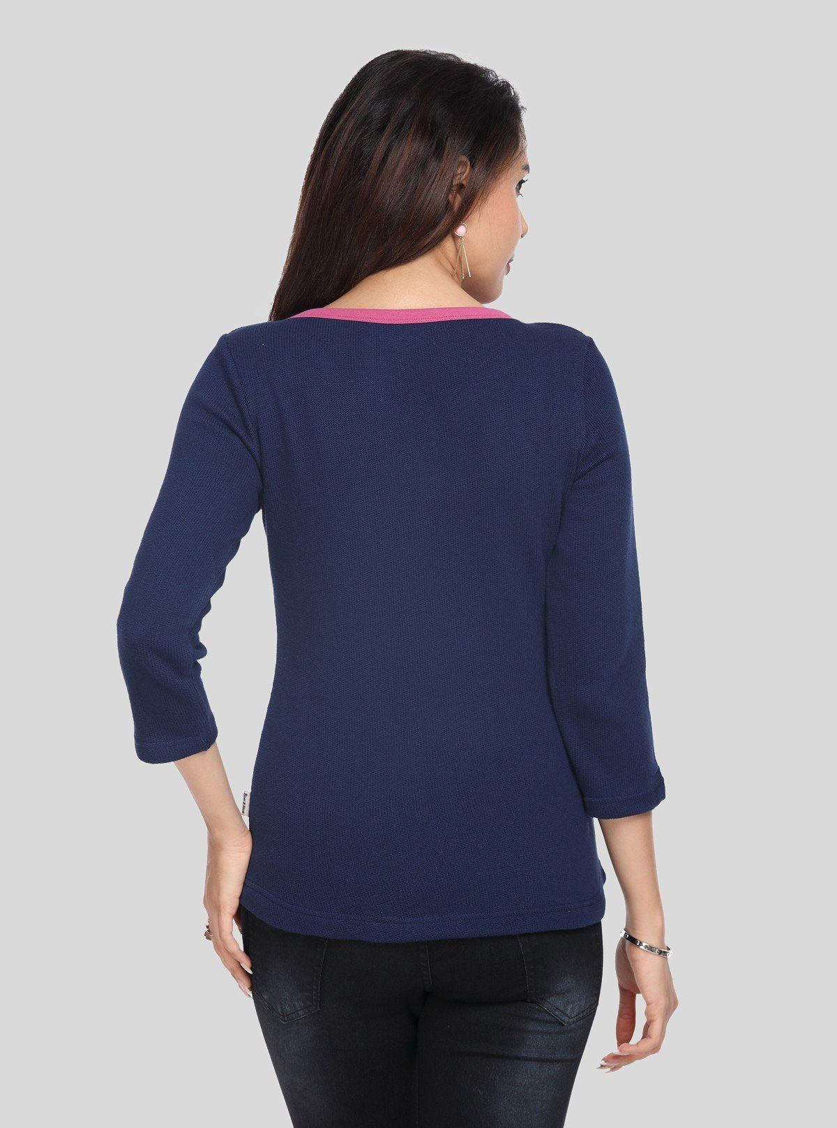 Women’s Blue Strick Pullover with 3/4th Sleeves – Cotton Poly Blend - Boer and Fitch