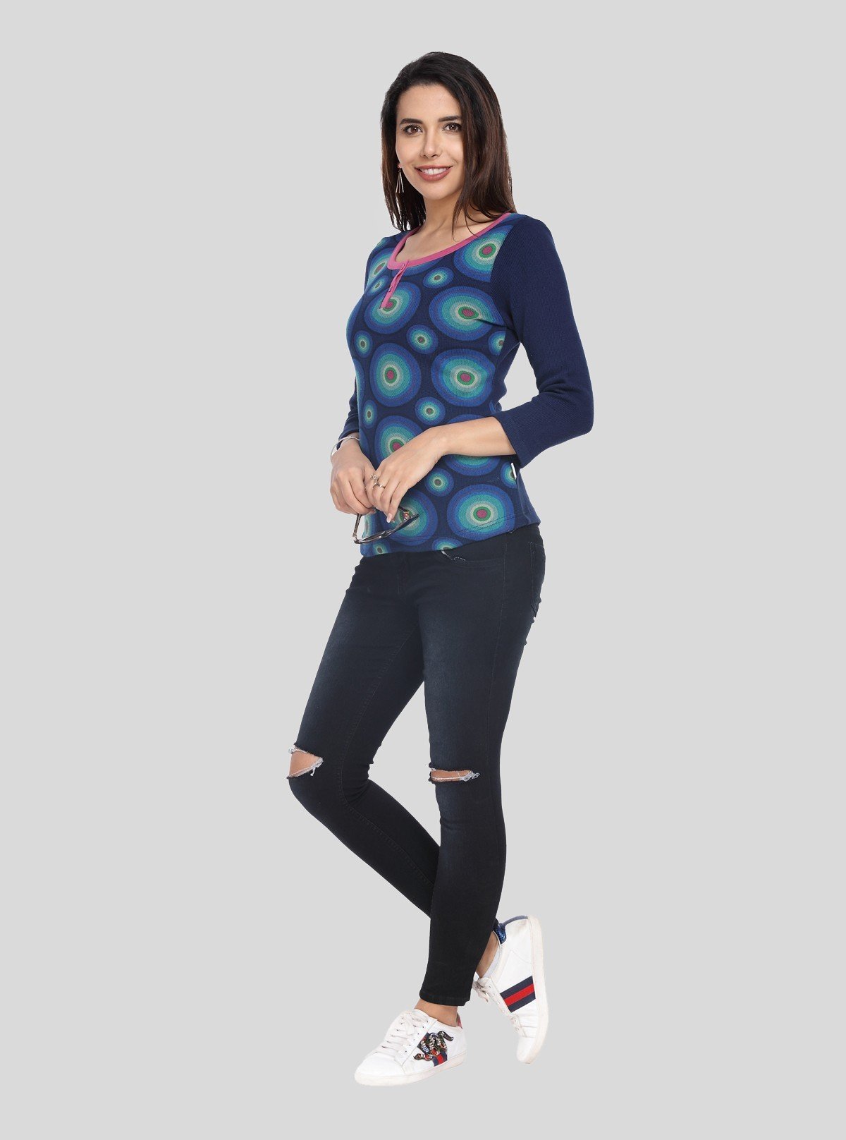 Women’s Blue Strick Pullover with 3/4th Sleeves – Cotton Poly Blend - Boer and Fitch