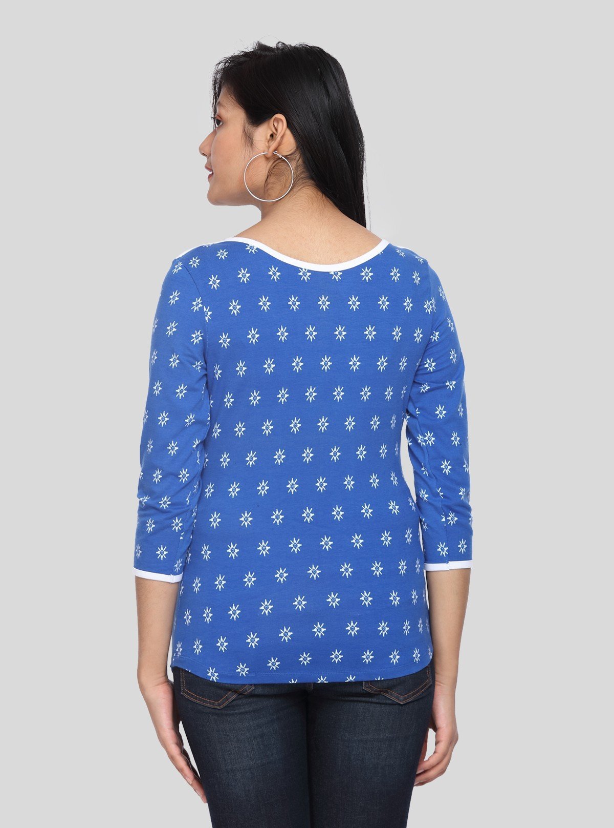 Women’s Blue with White Printed Cotton Fleece Sweat Top with Boat Neck - Boer and Fitch
