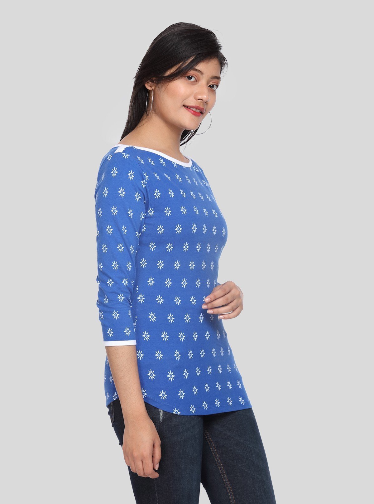 Women’s Blue with White Printed Cotton Fleece Sweat Top with Boat Neck - Boer and Fitch