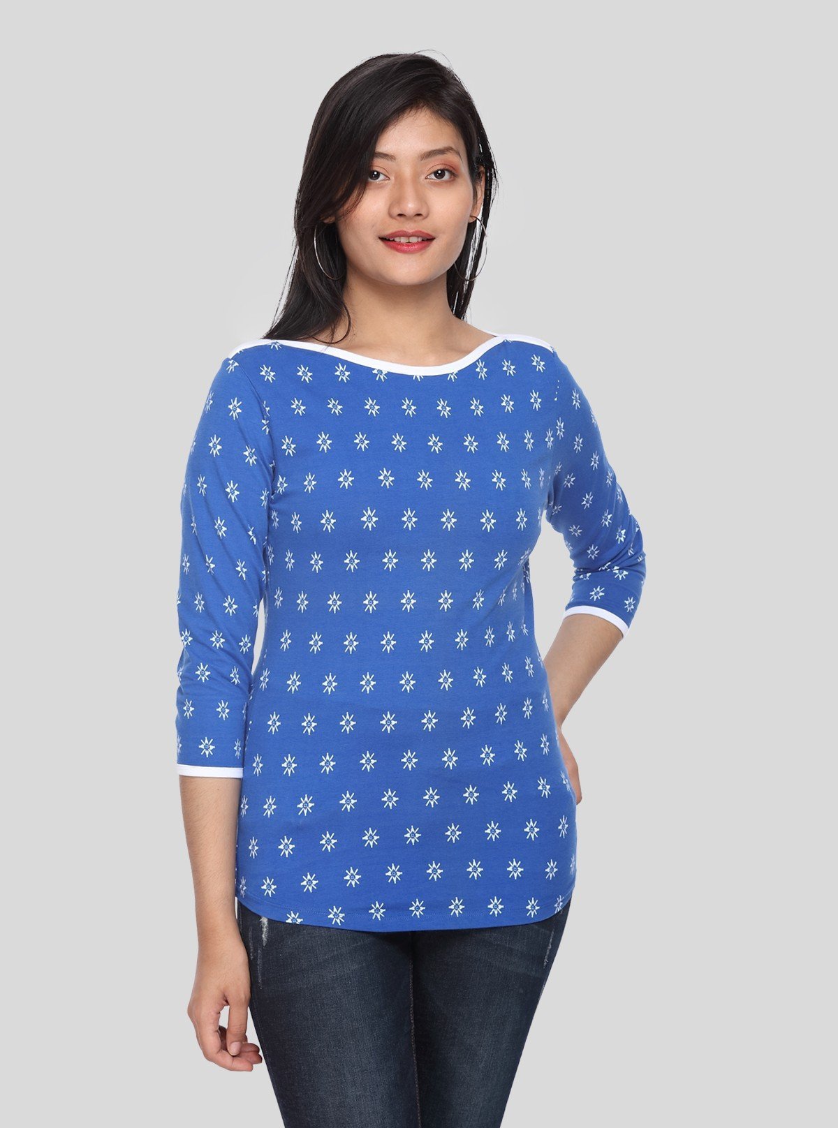 Women’s Blue with White Printed Cotton Fleece Sweat Top with Boat Neck - Boer and Fitch