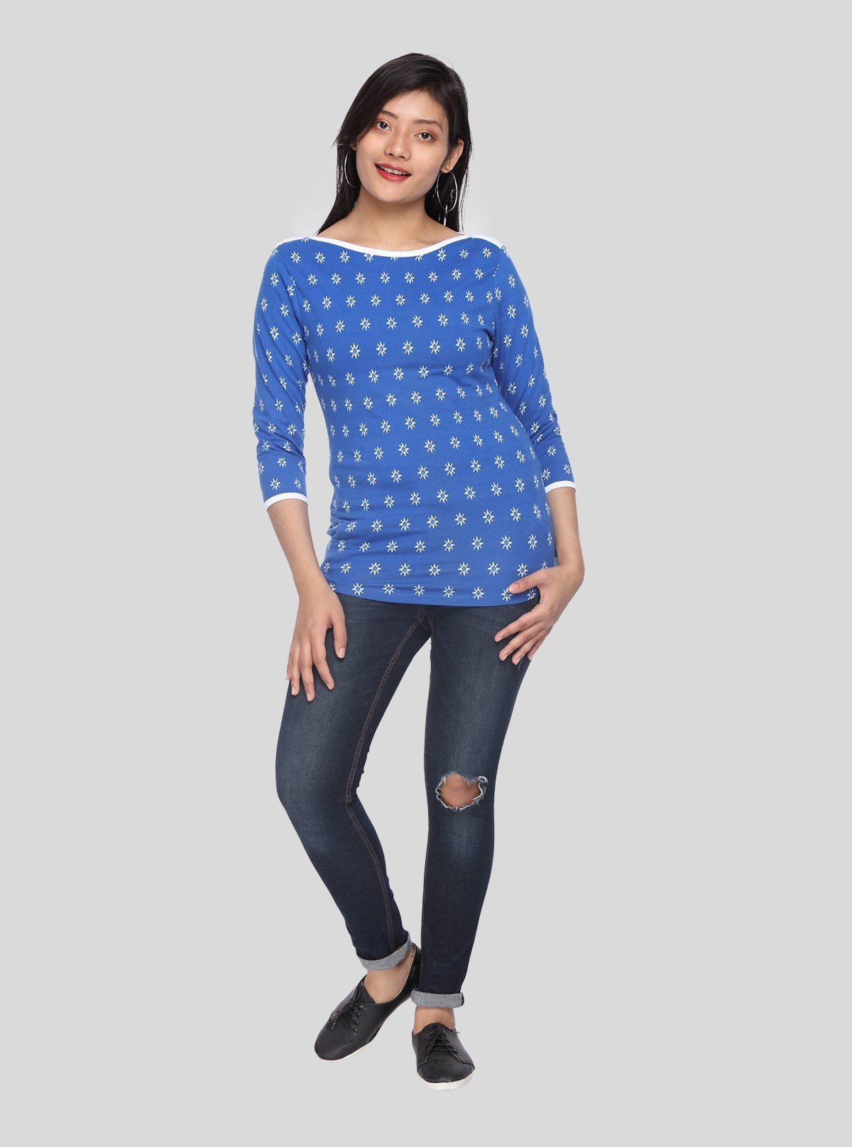 Women’s Blue with White Printed Cotton Fleece Sweat Top with Boat Neck - Boer and Fitch