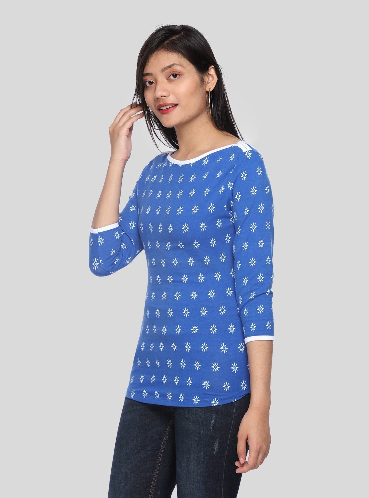 Women’s Blue with White Printed Cotton Fleece Sweat Top with Boat Neck - Boer and Fitch