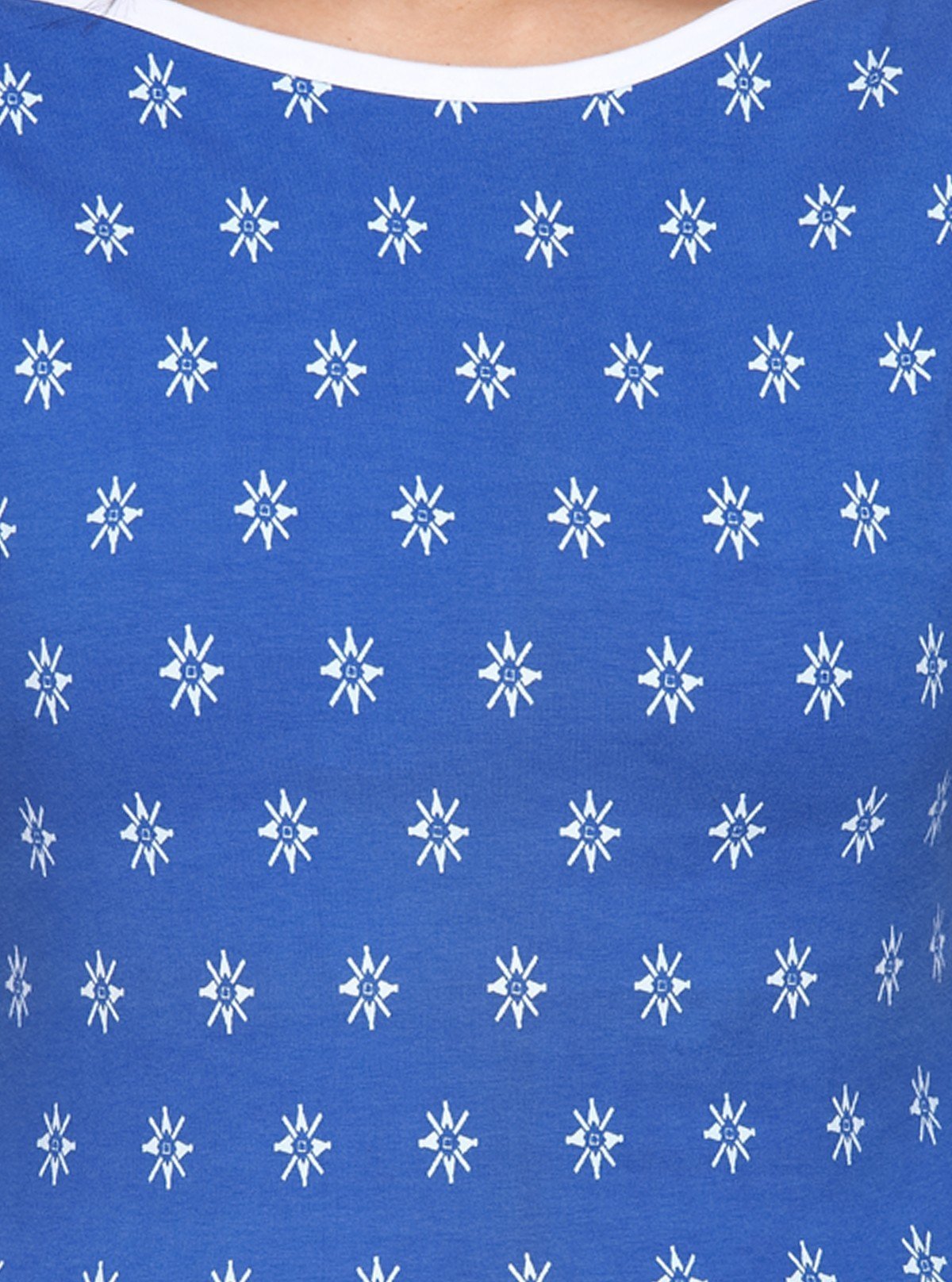 Women’s Blue with White Printed Cotton Fleece Sweat Top with Boat Neck - Boer and Fitch
