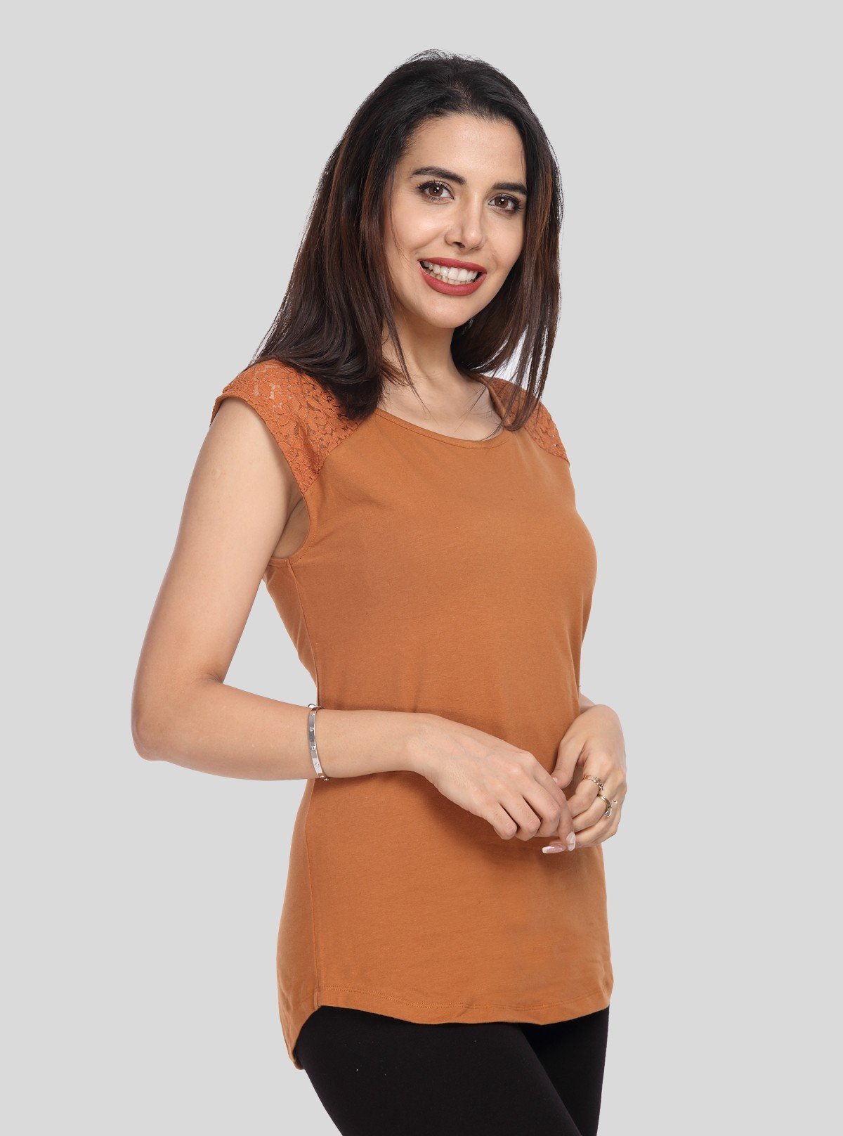 Women's Brown Elegant Lace Short Sleeve Top in Cotton Elastane Jersey | Boer & Fitch - Boer and Fitch