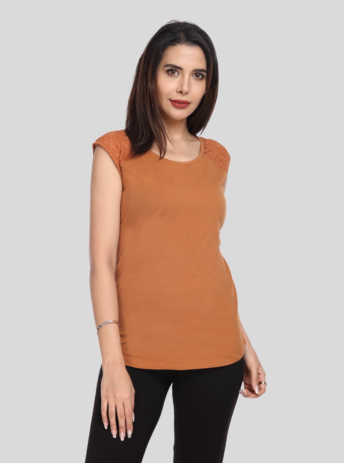 Women's Brown Elegant Lace Short Sleeve Top in Cotton Elastane Jersey | Boer & Fitch - Boer and Fitch