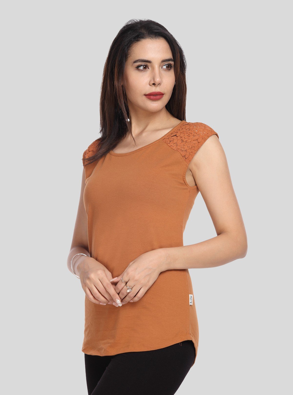 Women's Brown Elegant Lace Short Sleeve Top in Cotton Elastane Jersey | Boer & Fitch - Boer and Fitch