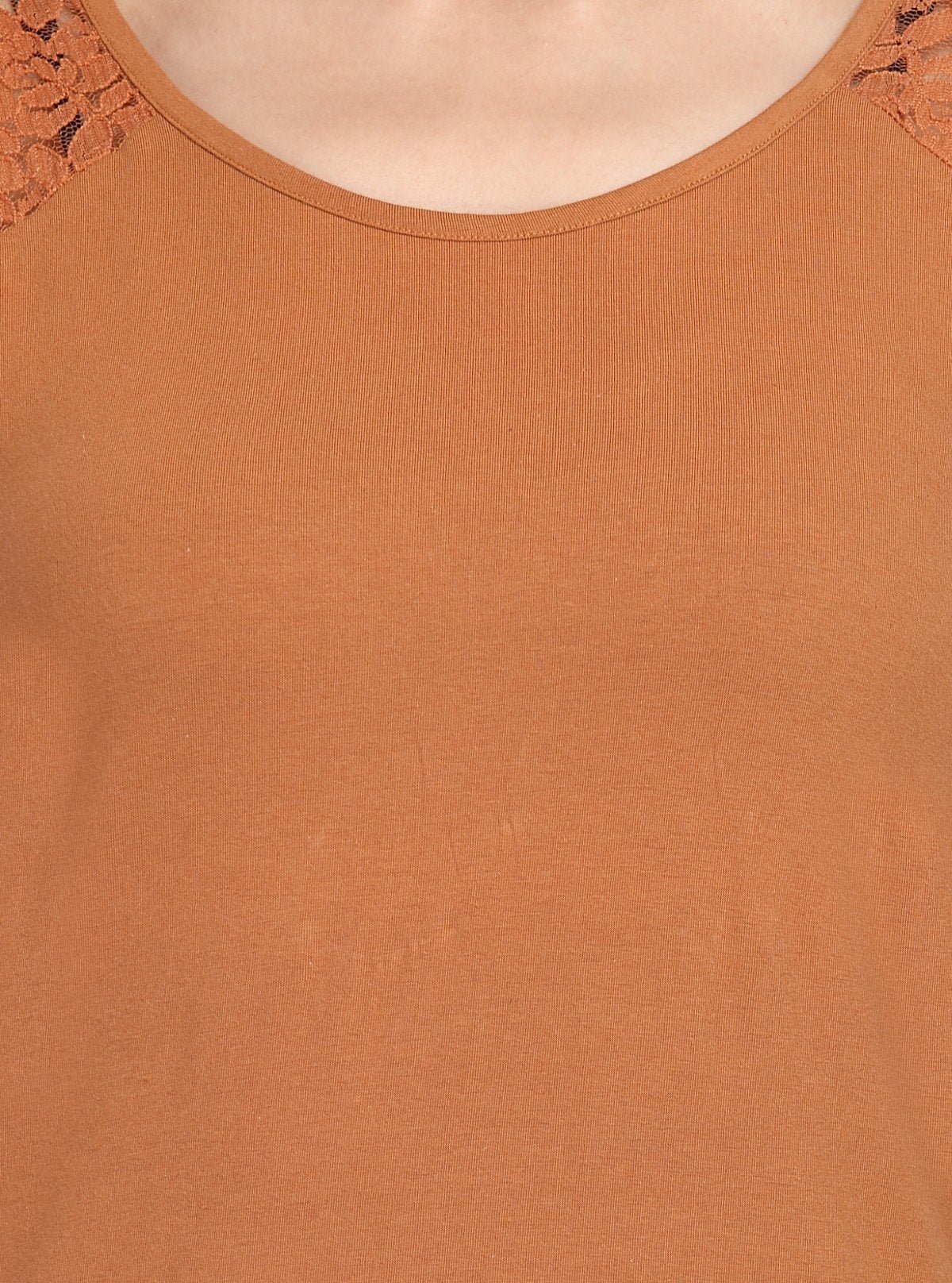 Women's Brown Elegant Lace Short Sleeve Top in Cotton Elastane Jersey | Boer & Fitch - Boer and Fitch