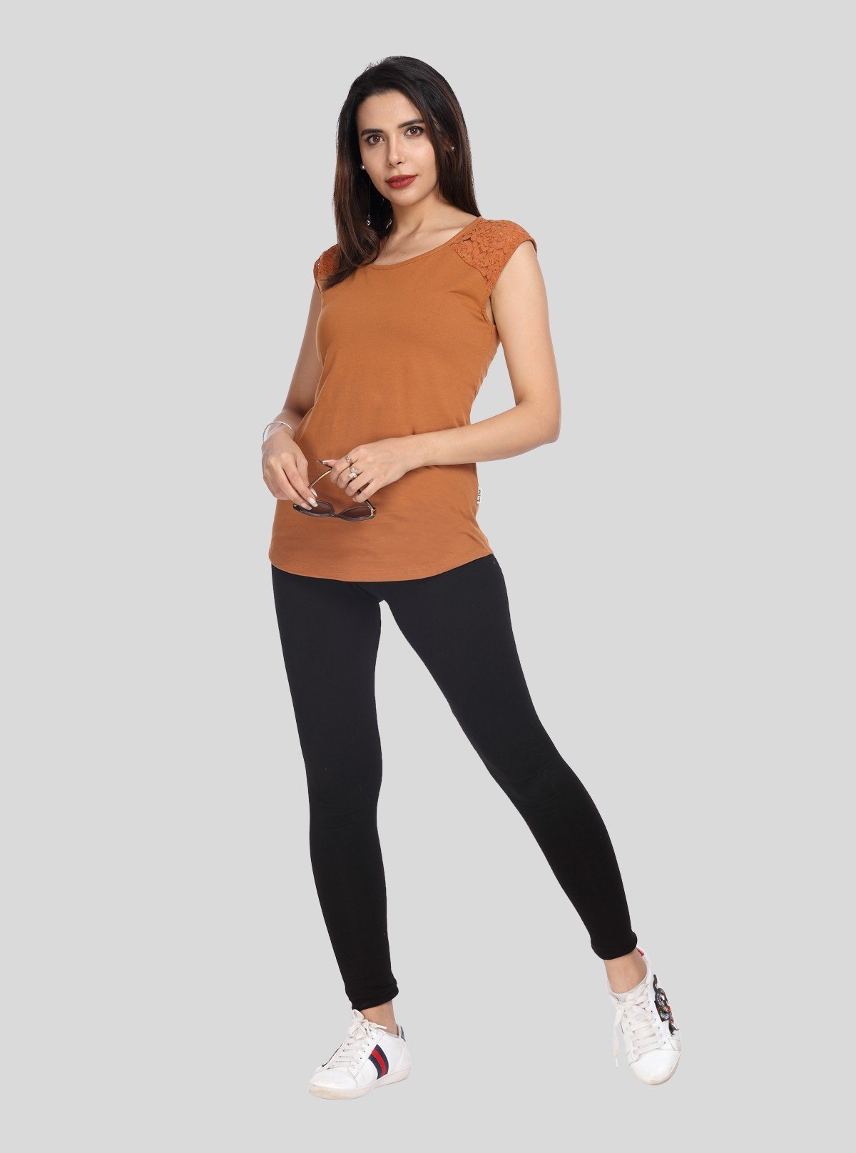 Women's Brown Elegant Lace Short Sleeve Top in Cotton Elastane Jersey | Boer & Fitch - Boer and Fitch