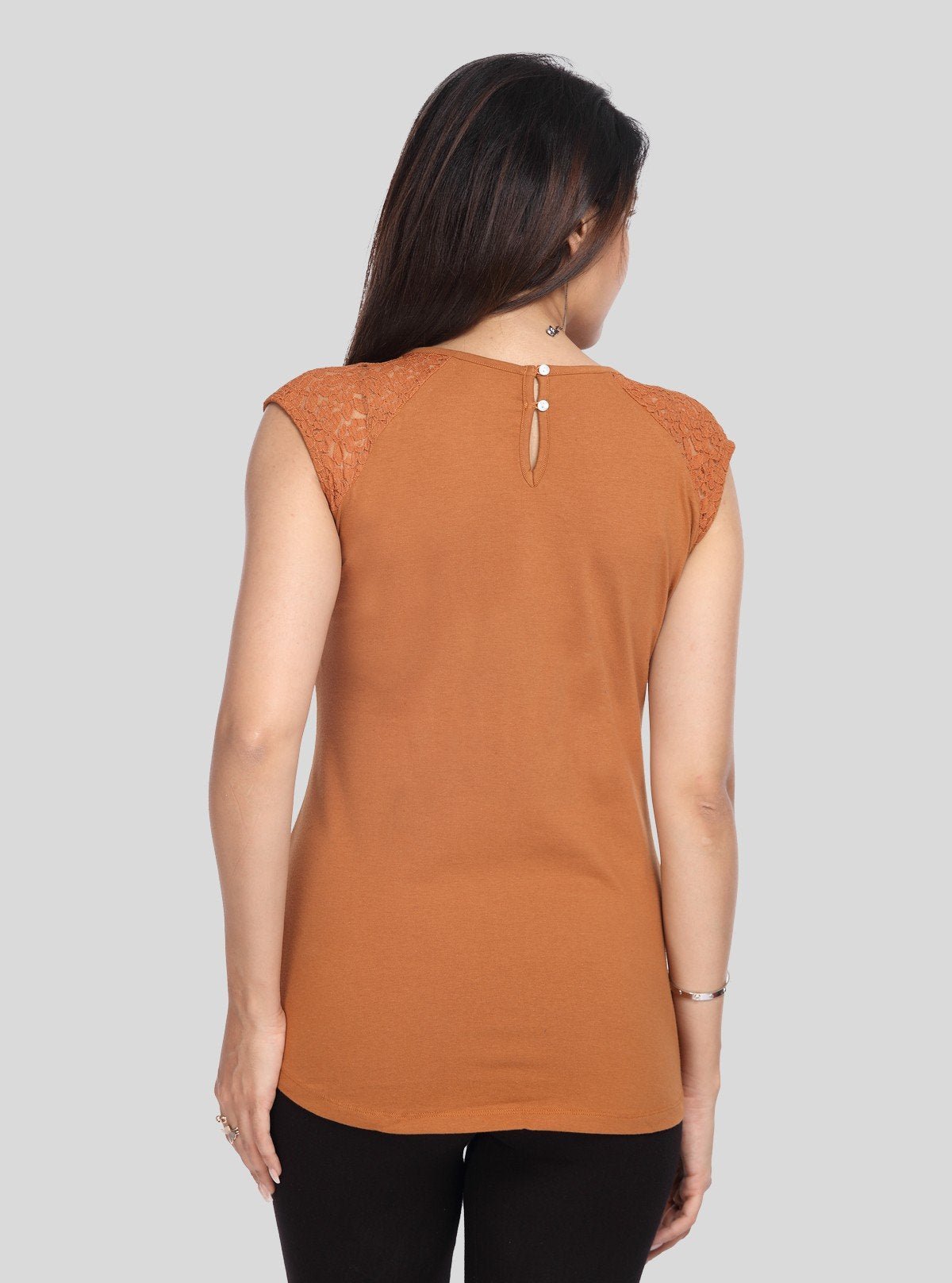 Women's Brown Elegant Lace Short Sleeve Top in Cotton Elastane Jersey | Boer & Fitch - Boer and Fitch