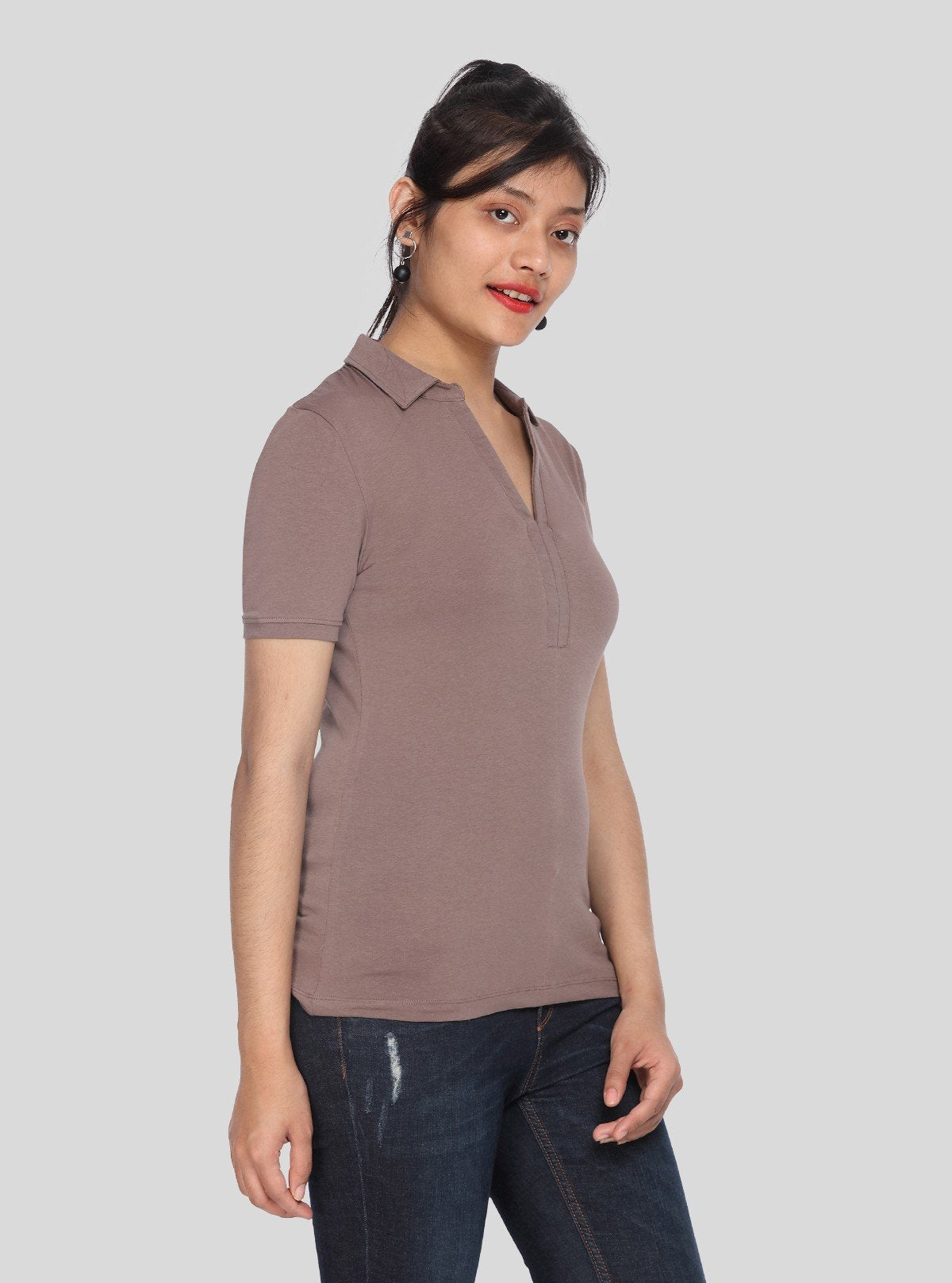 Women’s Brown Polo Collar Cotton Elastane Short Sleeve Top | Boer & Fitch - Boer and Fitch