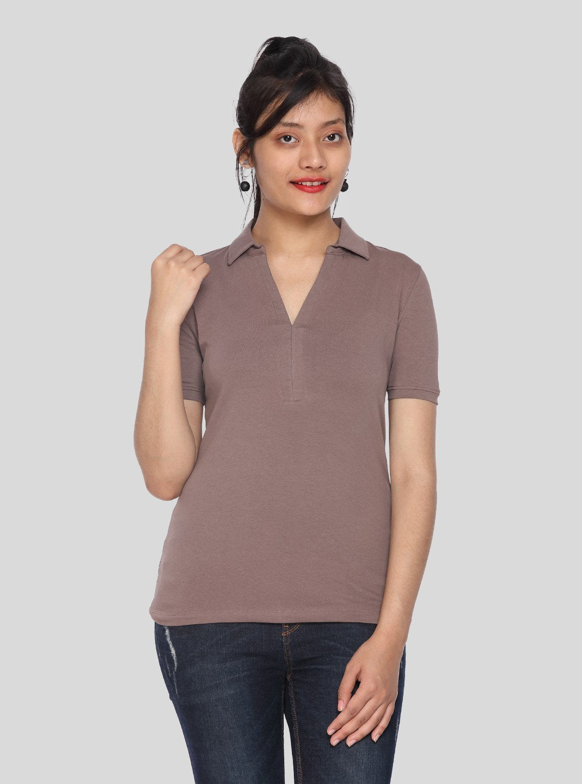 Women’s Brown Polo Collar Cotton Elastane Short Sleeve Top | Boer & Fitch - Boer and Fitch