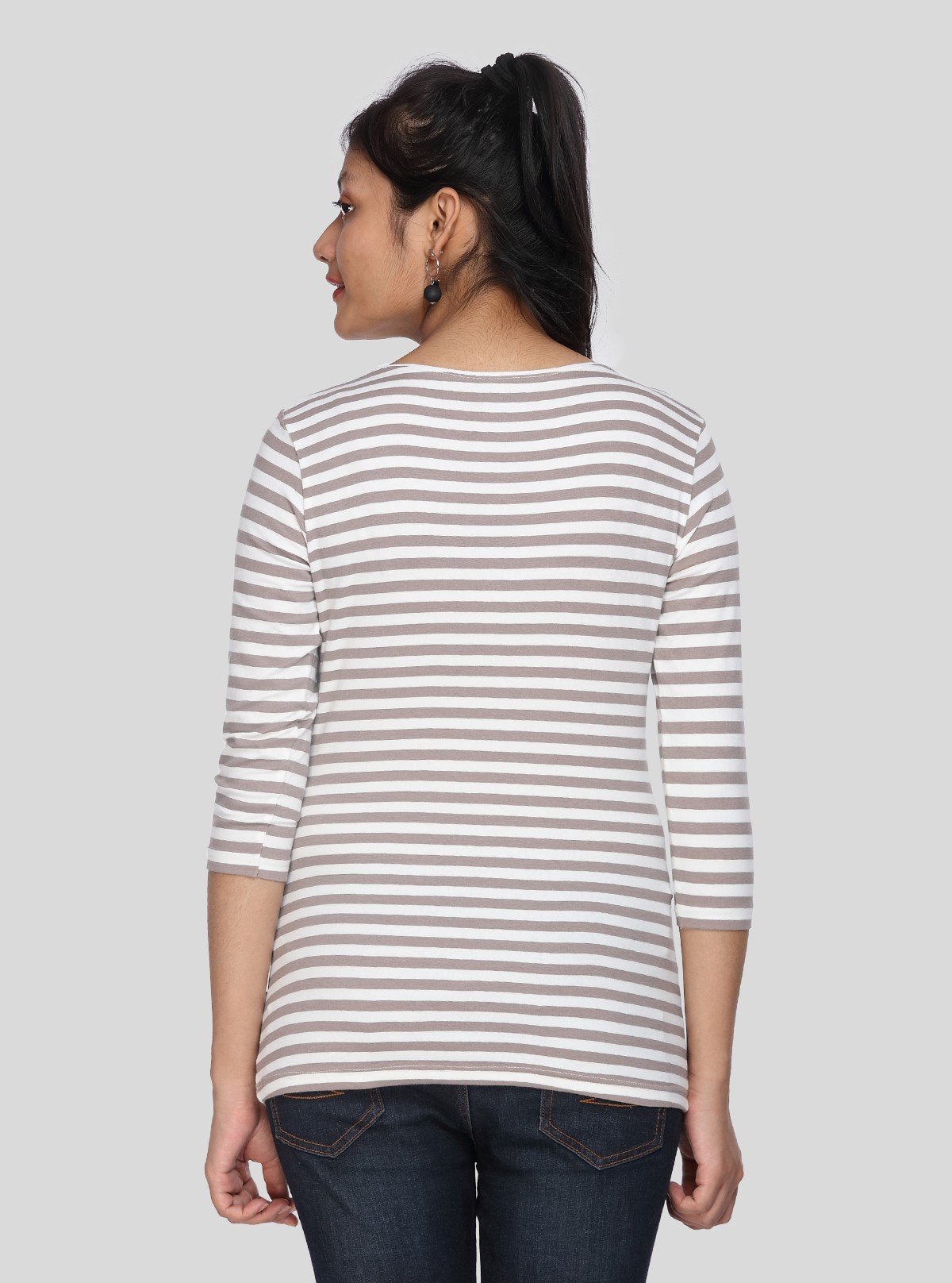 Women's Brown Scoop Neck Striped Long Sleeve Cotton Jersey Top - Boer and Fitch