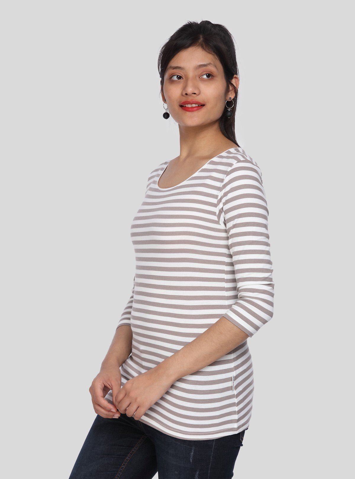 Women's Brown Scoop Neck Striped Long Sleeve Cotton Jersey Top - Boer and Fitch