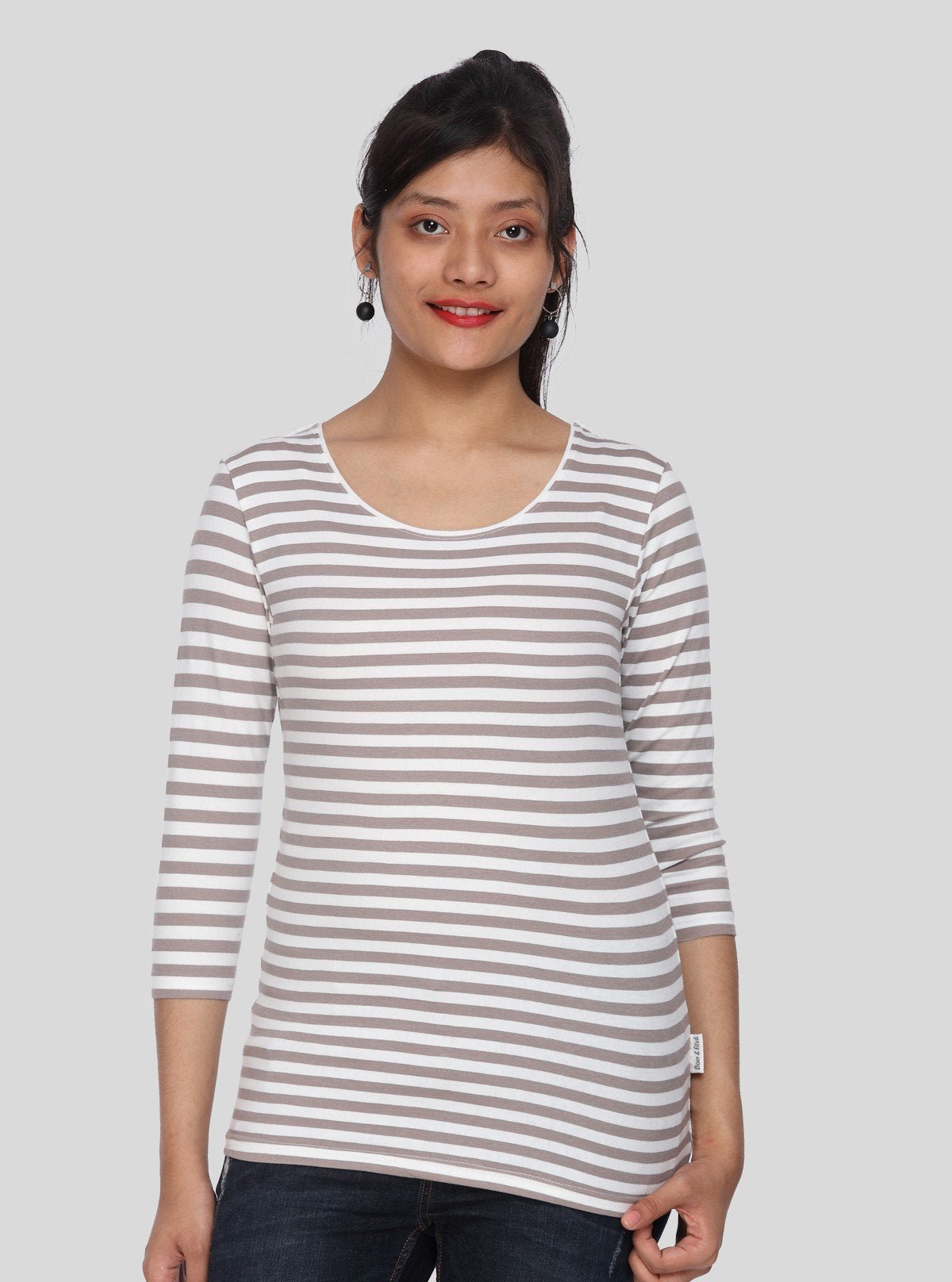 Women's Brown Scoop Neck Striped Long Sleeve Cotton Jersey Top - Boer and Fitch