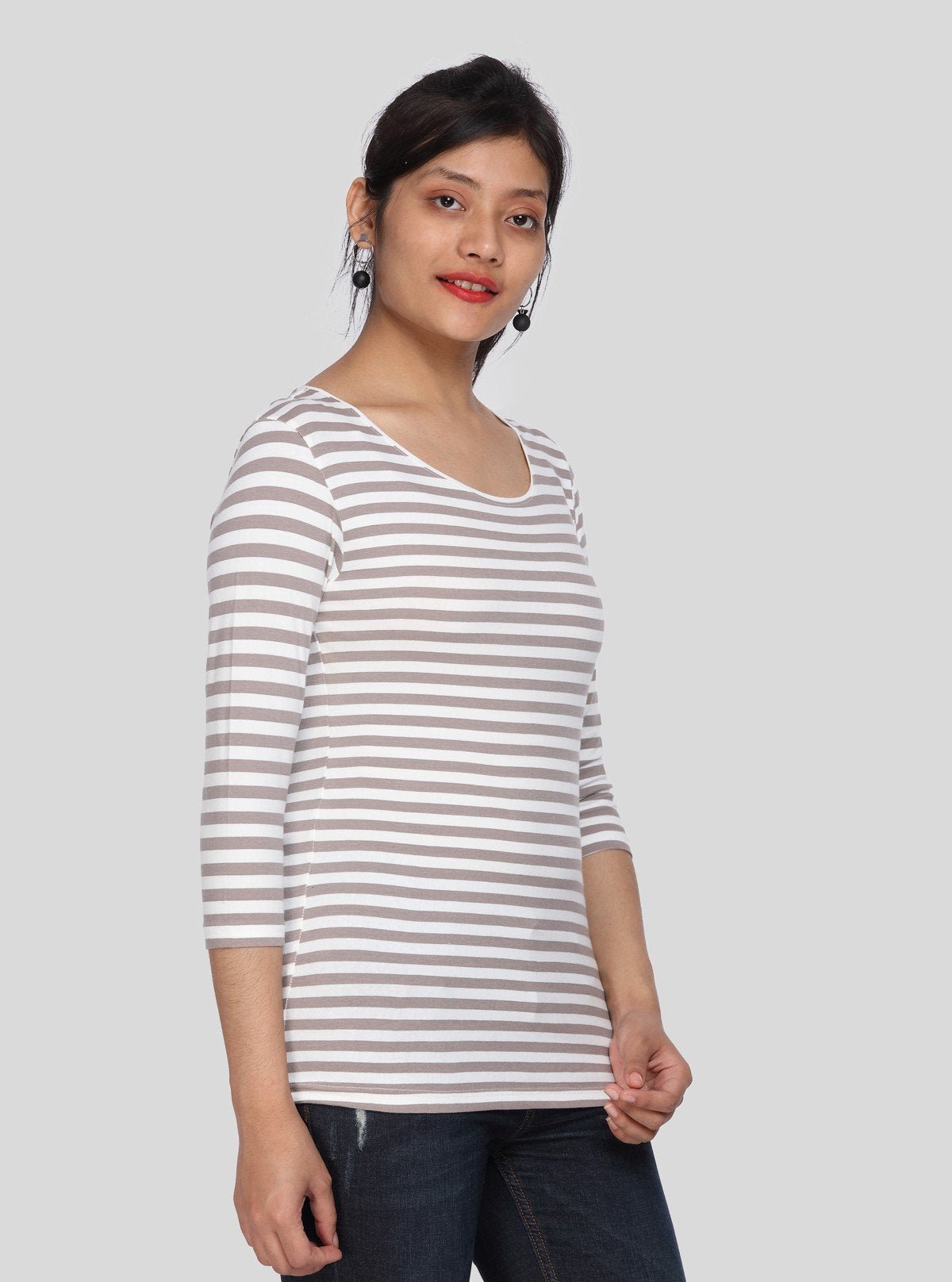 Women's Brown Scoop Neck Striped Long Sleeve Cotton Jersey Top - Boer and Fitch
