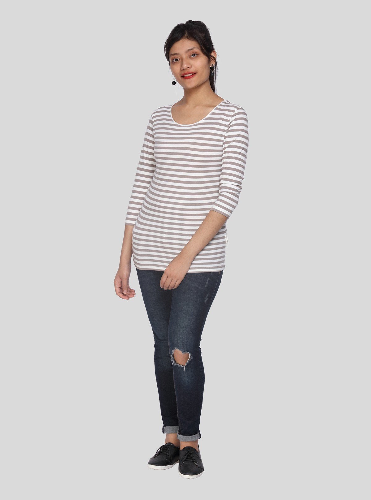 Women's Brown Scoop Neck Striped Long Sleeve Cotton Jersey Top - Boer and Fitch