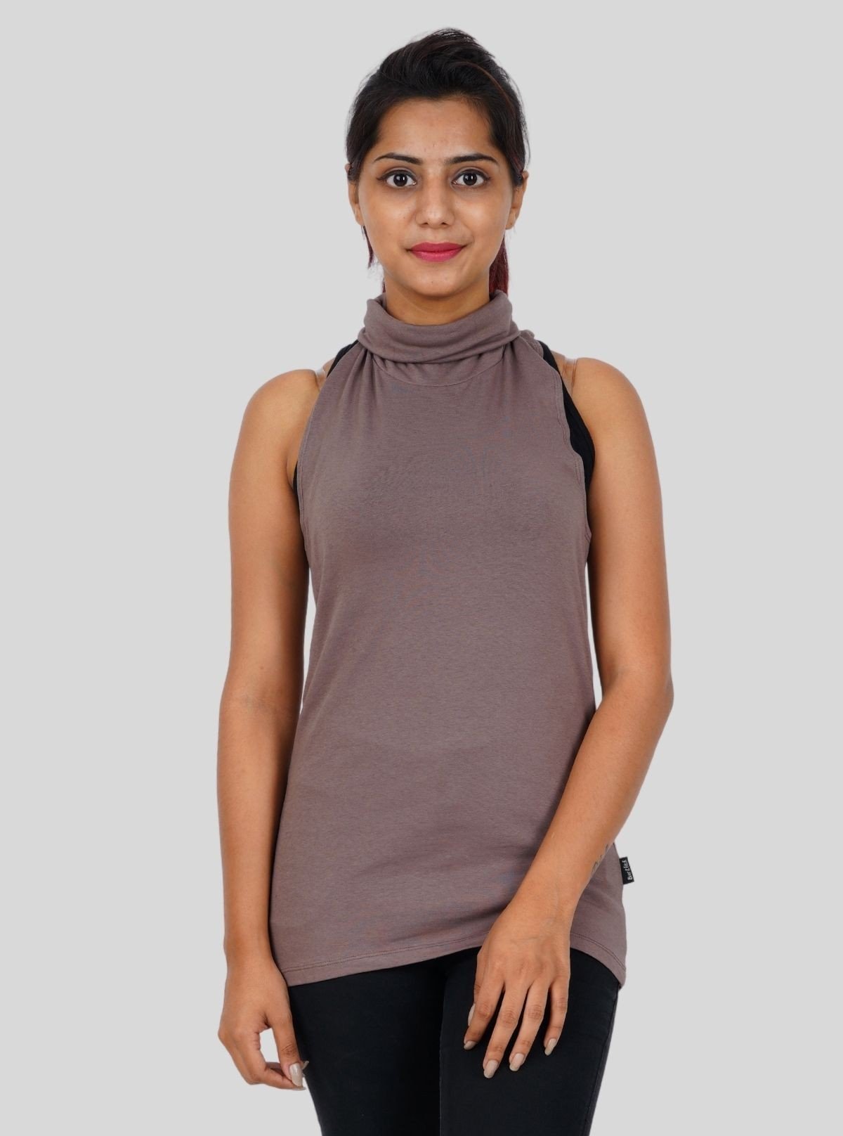 Women's Brown Sleeveless Turtle Neck Top – Cotton Stretch Comfort - Boer and Fitch