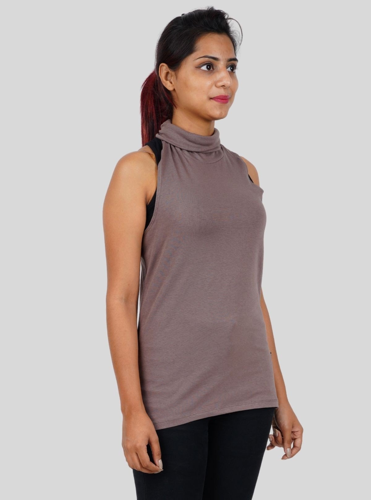 Women's Brown Sleeveless Turtle Neck Top – Cotton Stretch Comfort - Boer and Fitch