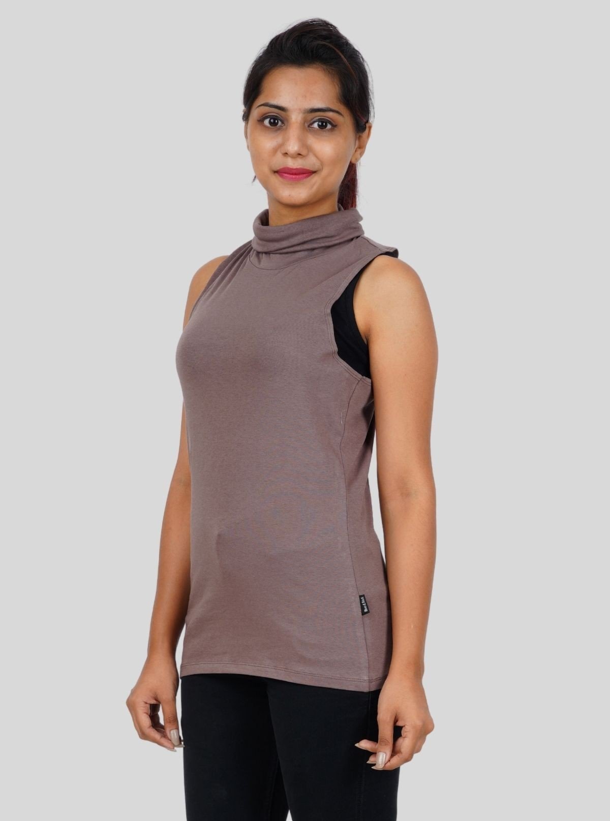 Women's Brown Sleeveless Turtle Neck Top – Cotton Stretch Comfort - Boer and Fitch