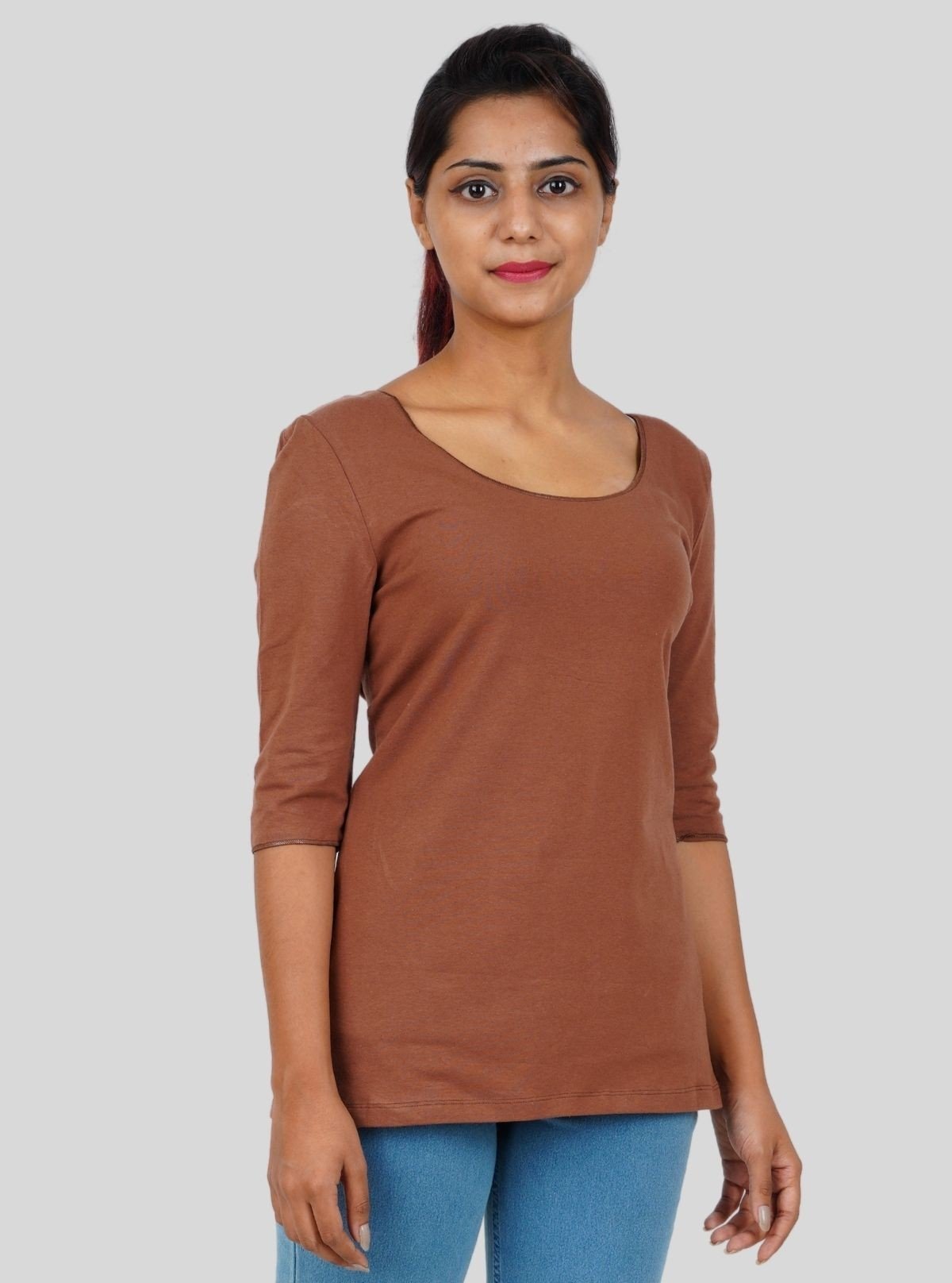 Women's Brown Solid Fancy Long Sleeve Cotton Elastane Top | Boer & Fitch - Boer and Fitch