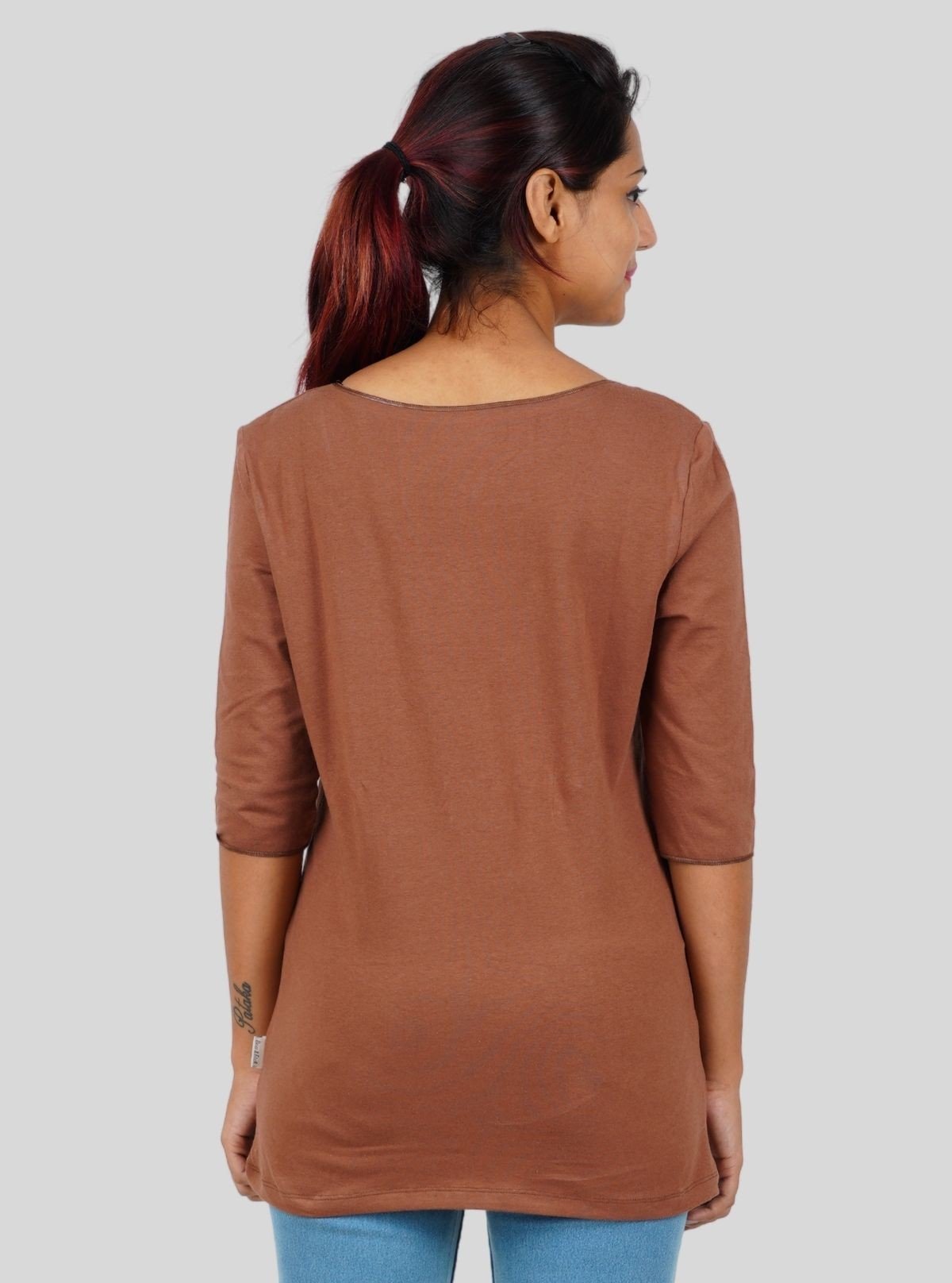 Women's Brown Solid Fancy Long Sleeve Cotton Elastane Top | Boer & Fitch - Boer and Fitch