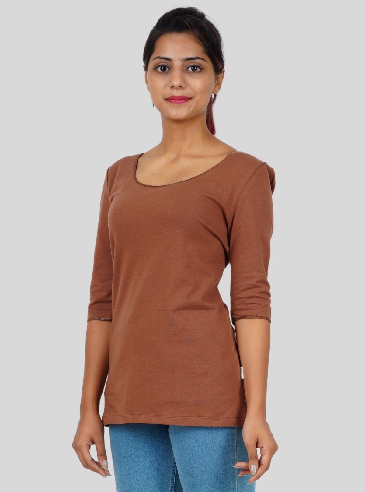 Women's Brown Solid Fancy Long Sleeve Cotton Elastane Top | Boer & Fitch - Boer and Fitch