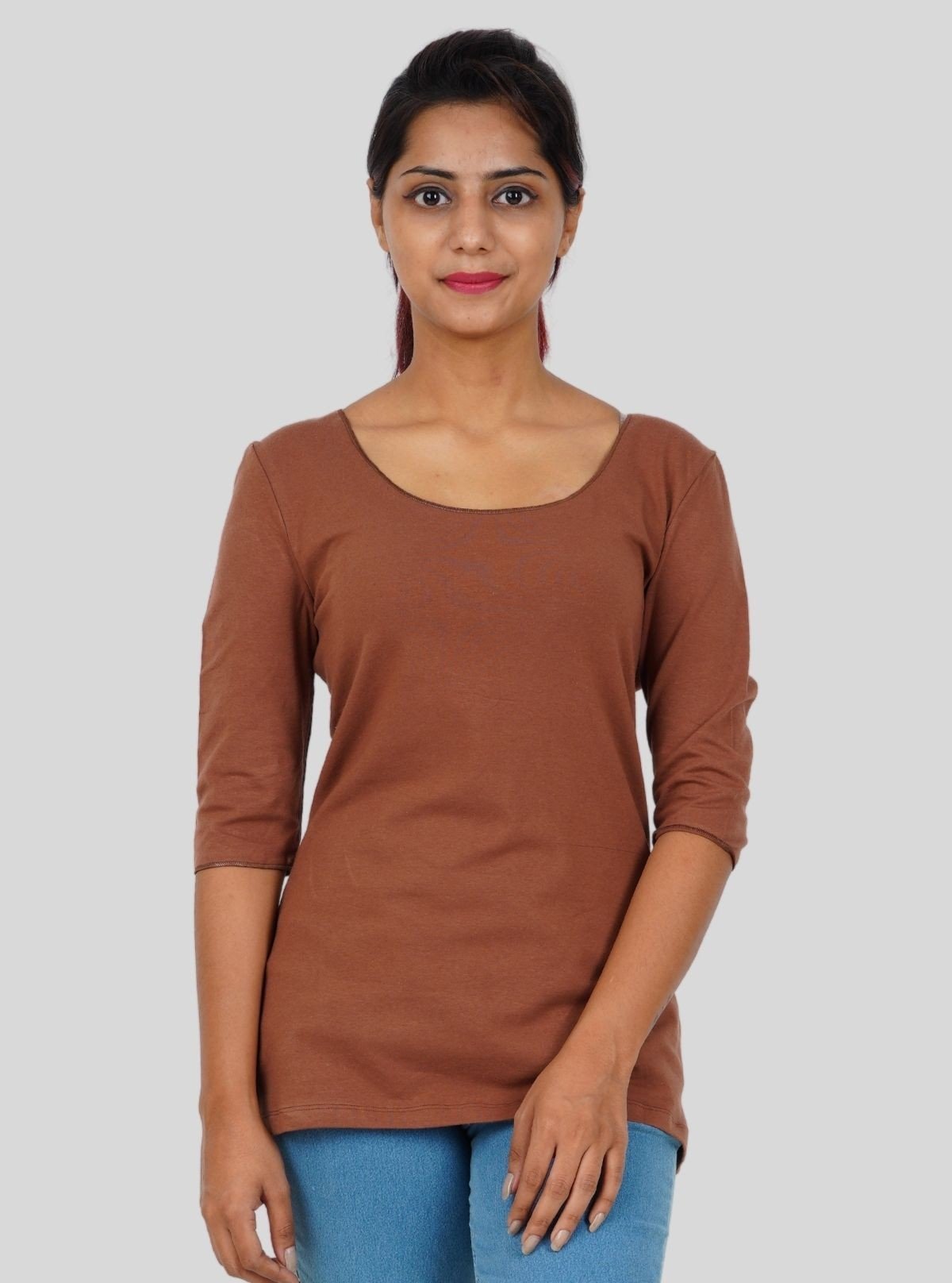Women's Brown Solid Fancy Long Sleeve Cotton Elastane Top | Boer & Fitch - Boer and Fitch