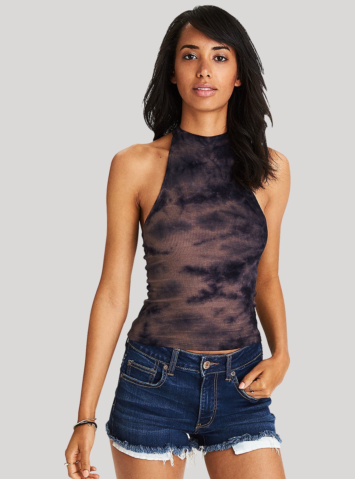 Women's Brown Tie and Dye Racer Neck Crop Top in Cotton Durby Knit - Boer and Fitch