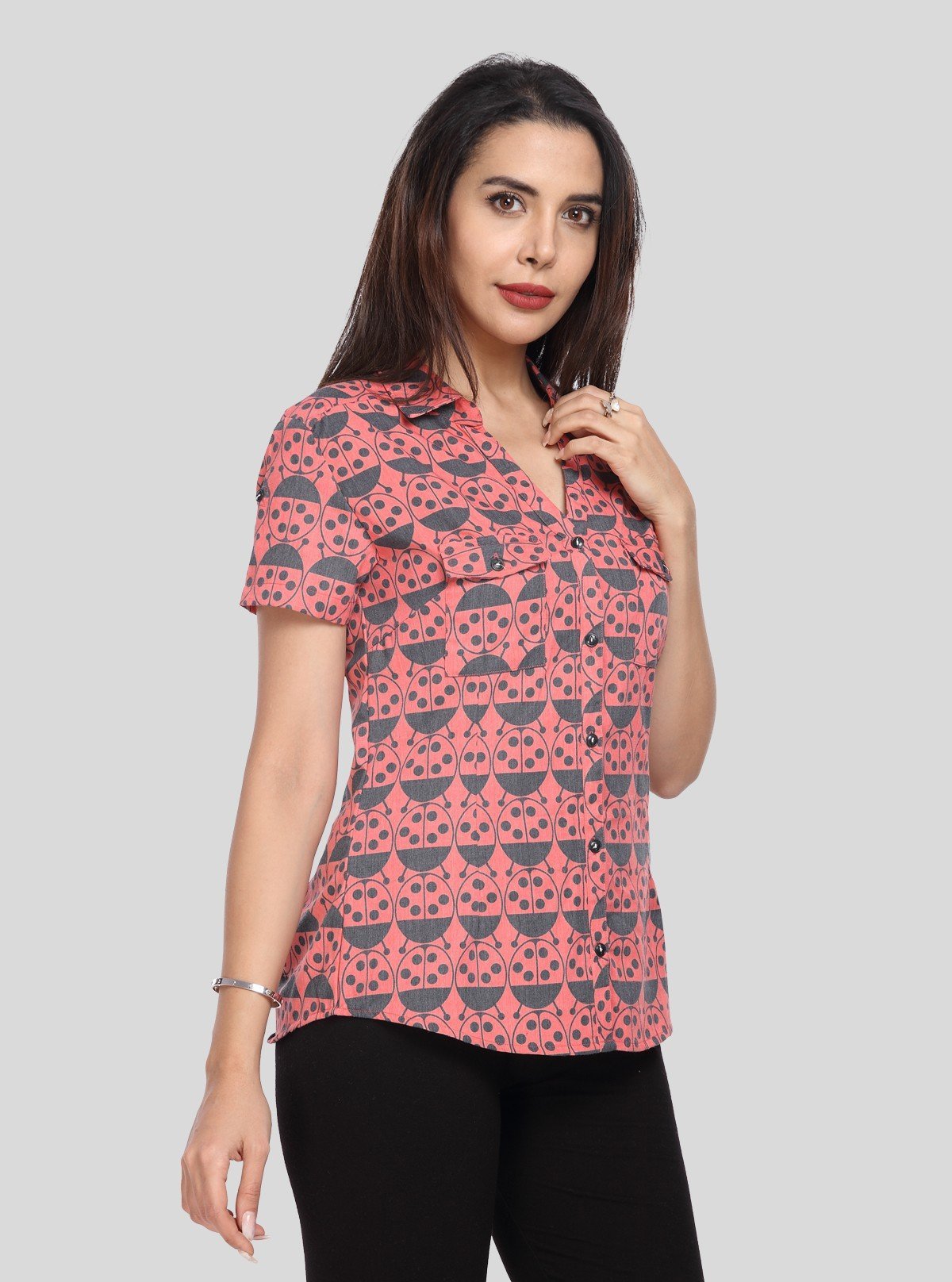 Women’s Bug Print Short Sleeve Cotton Shirt – Quirky & Cool - Boer and Fitch