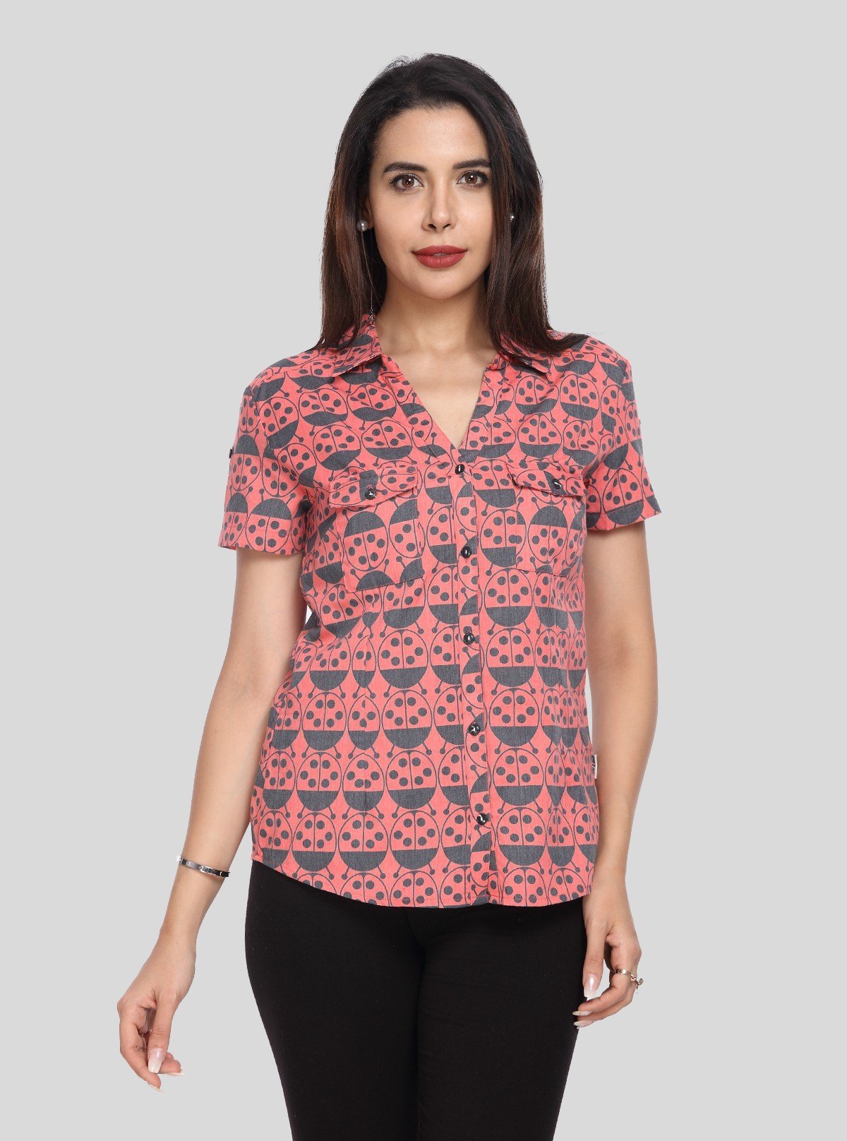 Women’s Bug Print Short Sleeve Cotton Shirt – Quirky & Cool - Boer and Fitch