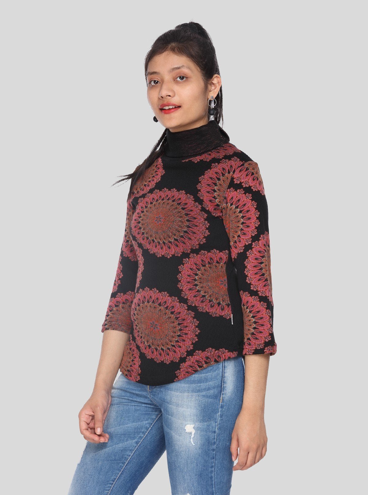 Women’s Burgundy Floral Print Ribbed Turtle Neck Pullover – 3/4 Sleeve - Boer and Fitch