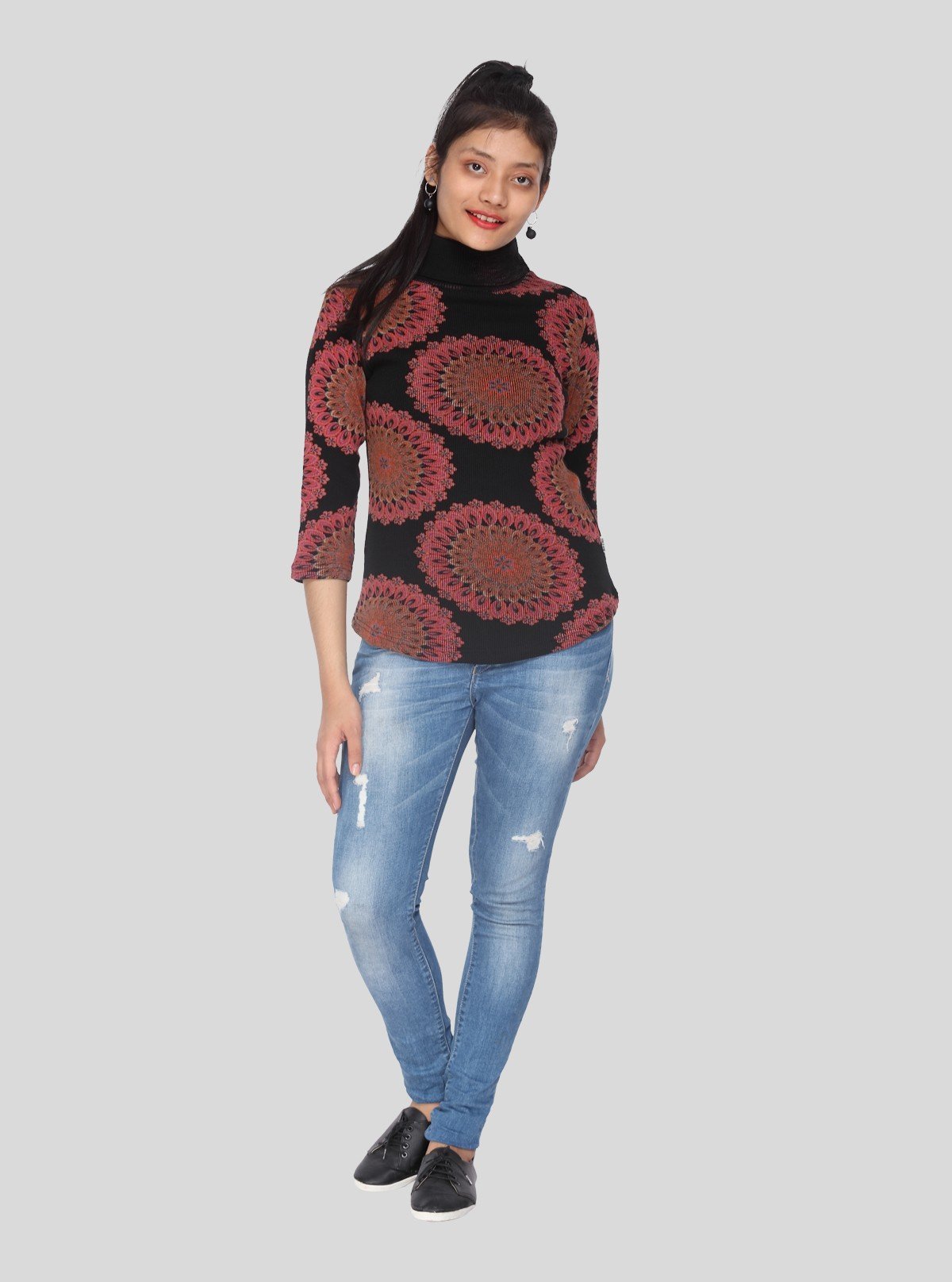 Women’s Burgundy Floral Print Ribbed Turtle Neck Pullover – 3/4 Sleeve - Boer and Fitch