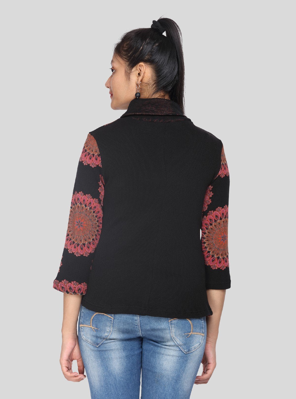 Women’s Burgundy Floral Print Ribbed Turtle Neck Pullover – 3/4 Sleeve - Boer and Fitch