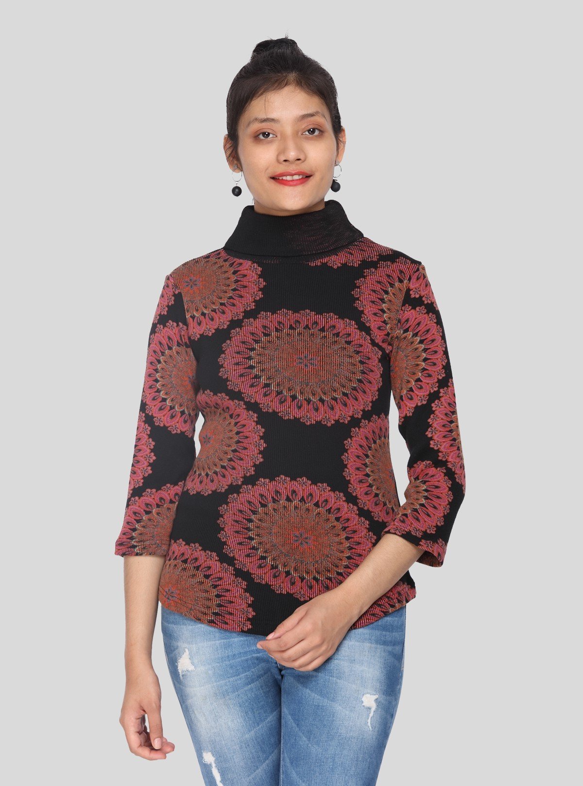 Women’s Burgundy Floral Print Ribbed Turtle Neck Pullover – 3/4 Sleeve - Boer and Fitch