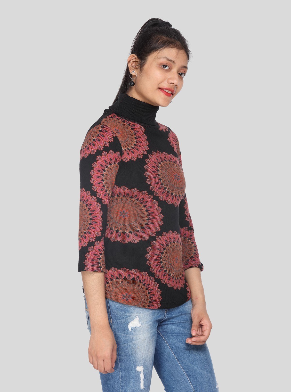 Women’s Burgundy Floral Print Ribbed Turtle Neck Pullover – 3/4 Sleeve - Boer and Fitch