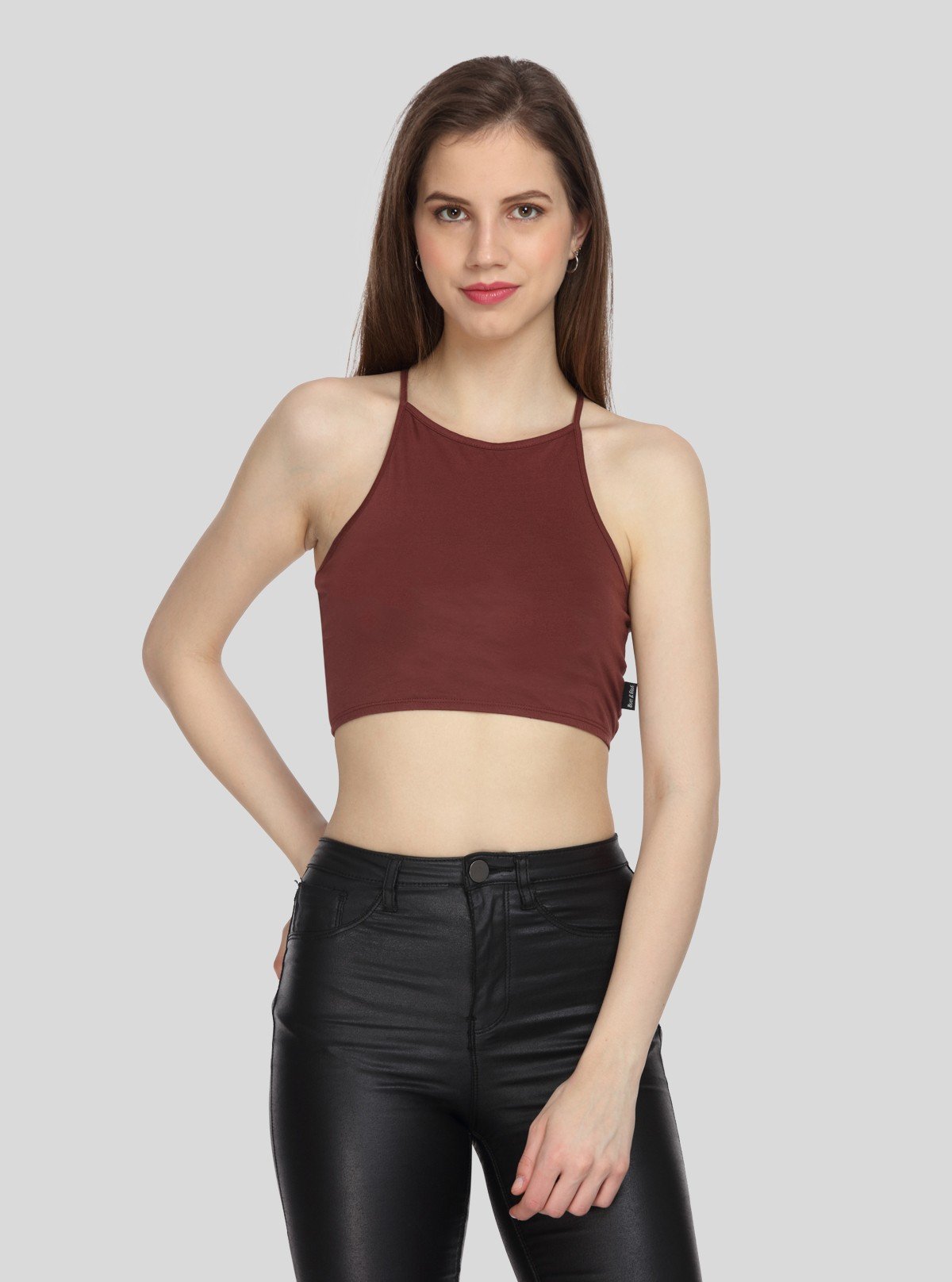 Women's Burgundy Racer Neck Cotton Jersey Crop Top - Boer and Fitch