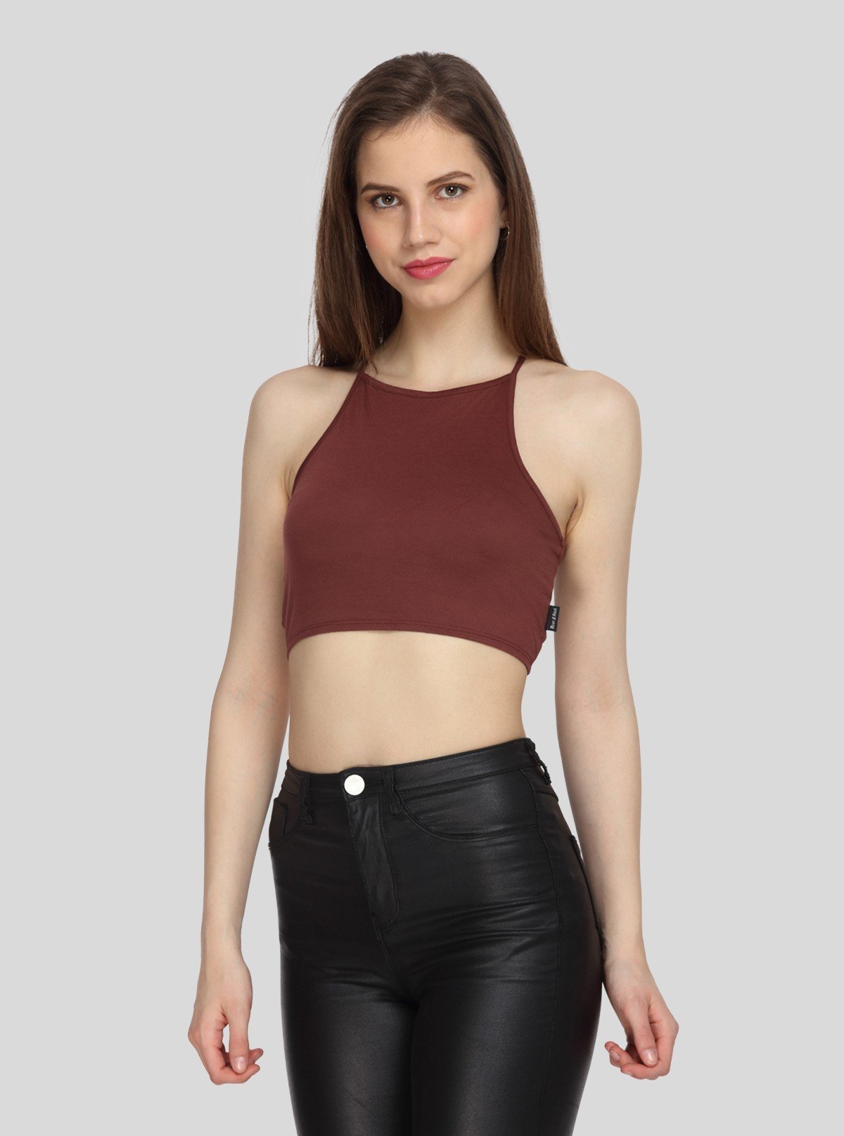 Women's Burgundy Racer Neck Cotton Jersey Crop Top - Boer and Fitch