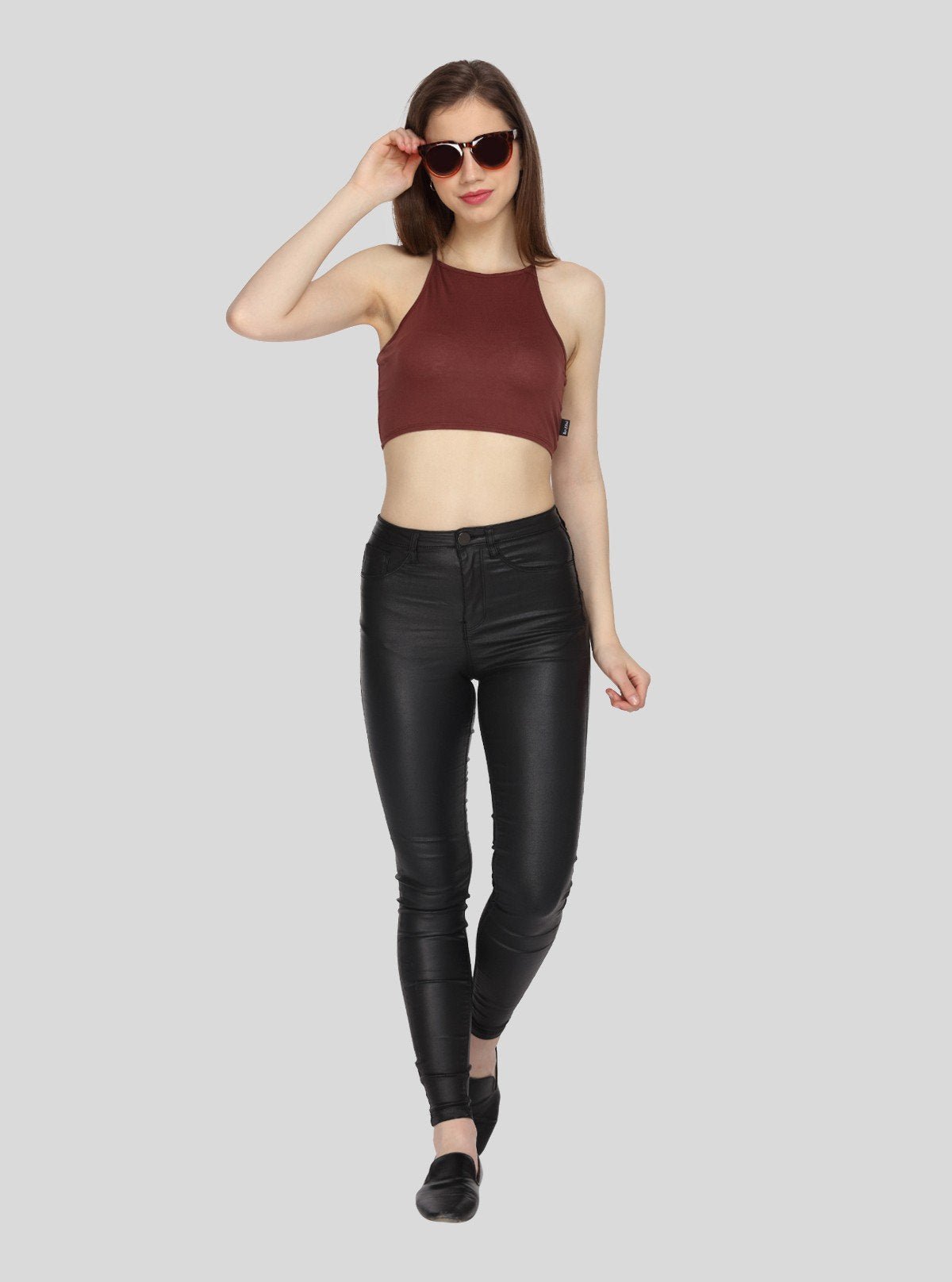 Women's Burgundy Racer Neck Cotton Jersey Crop Top - Boer and Fitch
