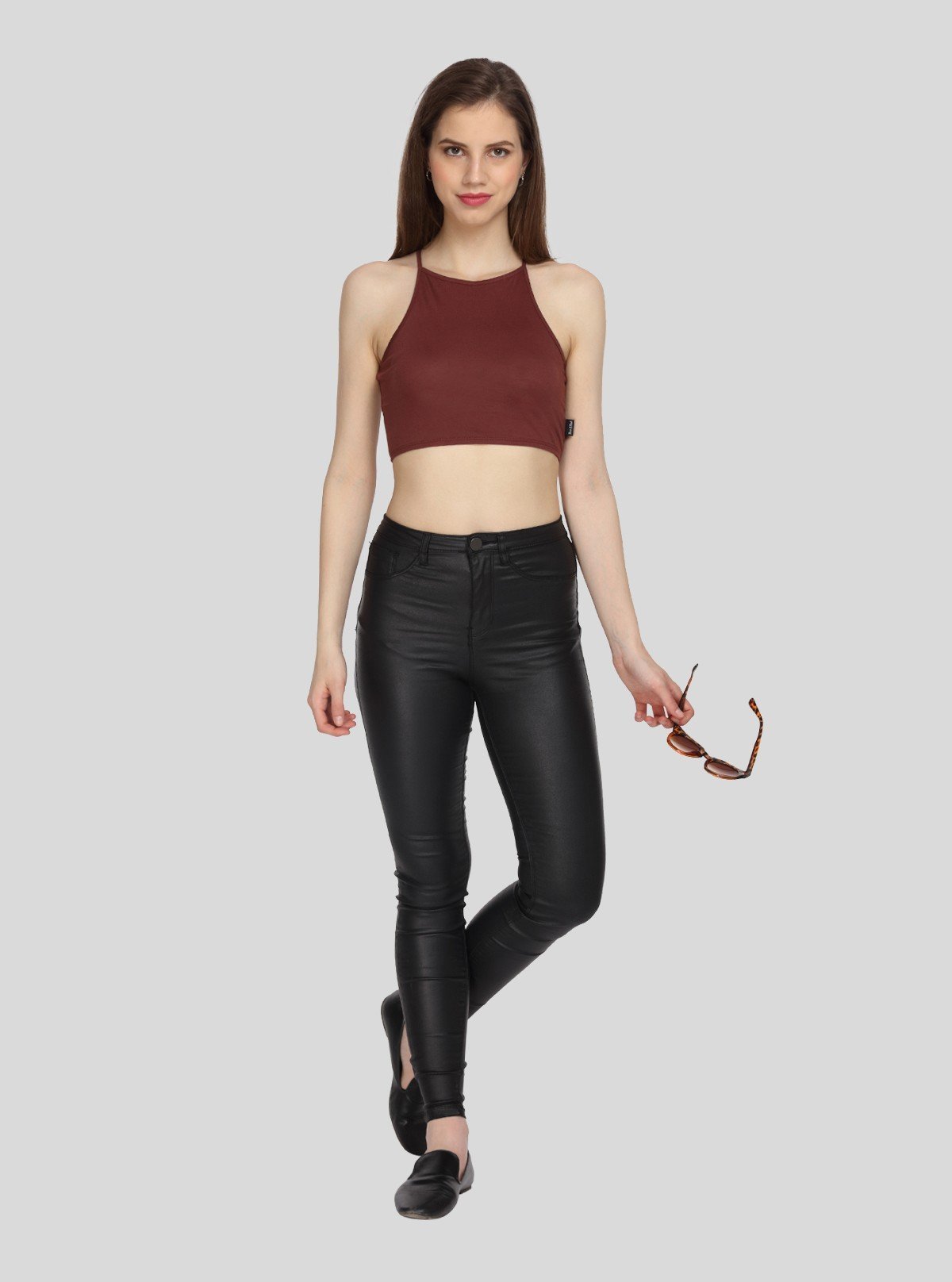 Women's Burgundy Racer Neck Cotton Jersey Crop Top - Boer and Fitch