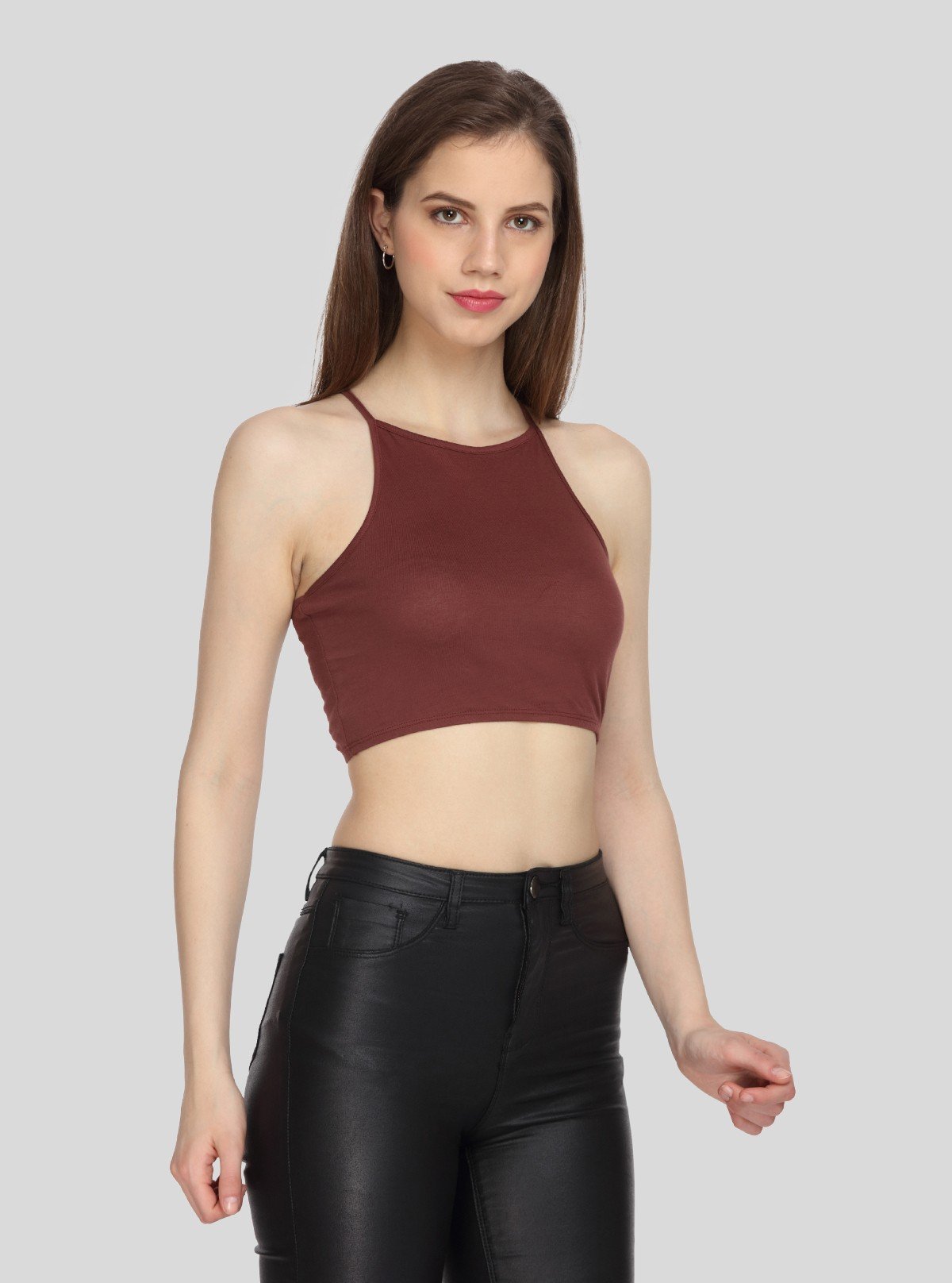 Women's Burgundy Racer Neck Cotton Jersey Crop Top - Boer and Fitch