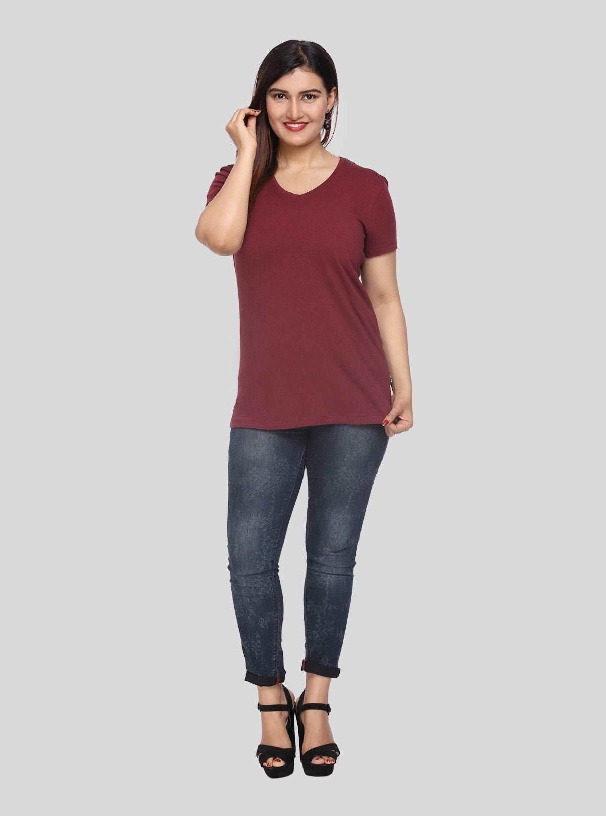 Women’s Burgundy V - Neck Short Sleeve Cotton Jersey T-Shirt by Boer and Fitch - Boer and Fitch